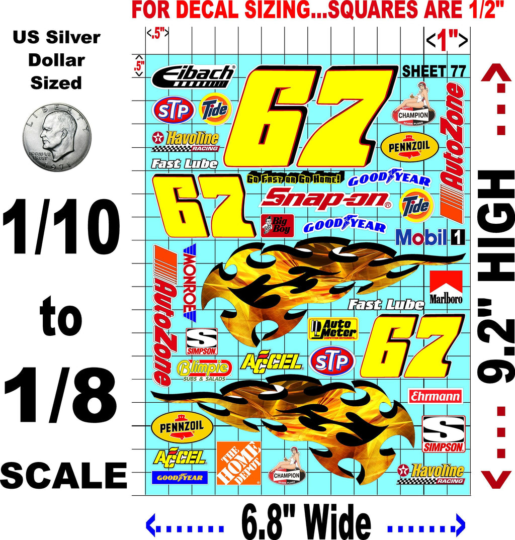 Clear Matte Finish Vinyl Sticker Variety Sheet 77-1/10th - 1/8th Scale Large 6.8" x 9.2"h Vinyl R/C Model Decal Sticker Sheet Radio Control Lexan Body