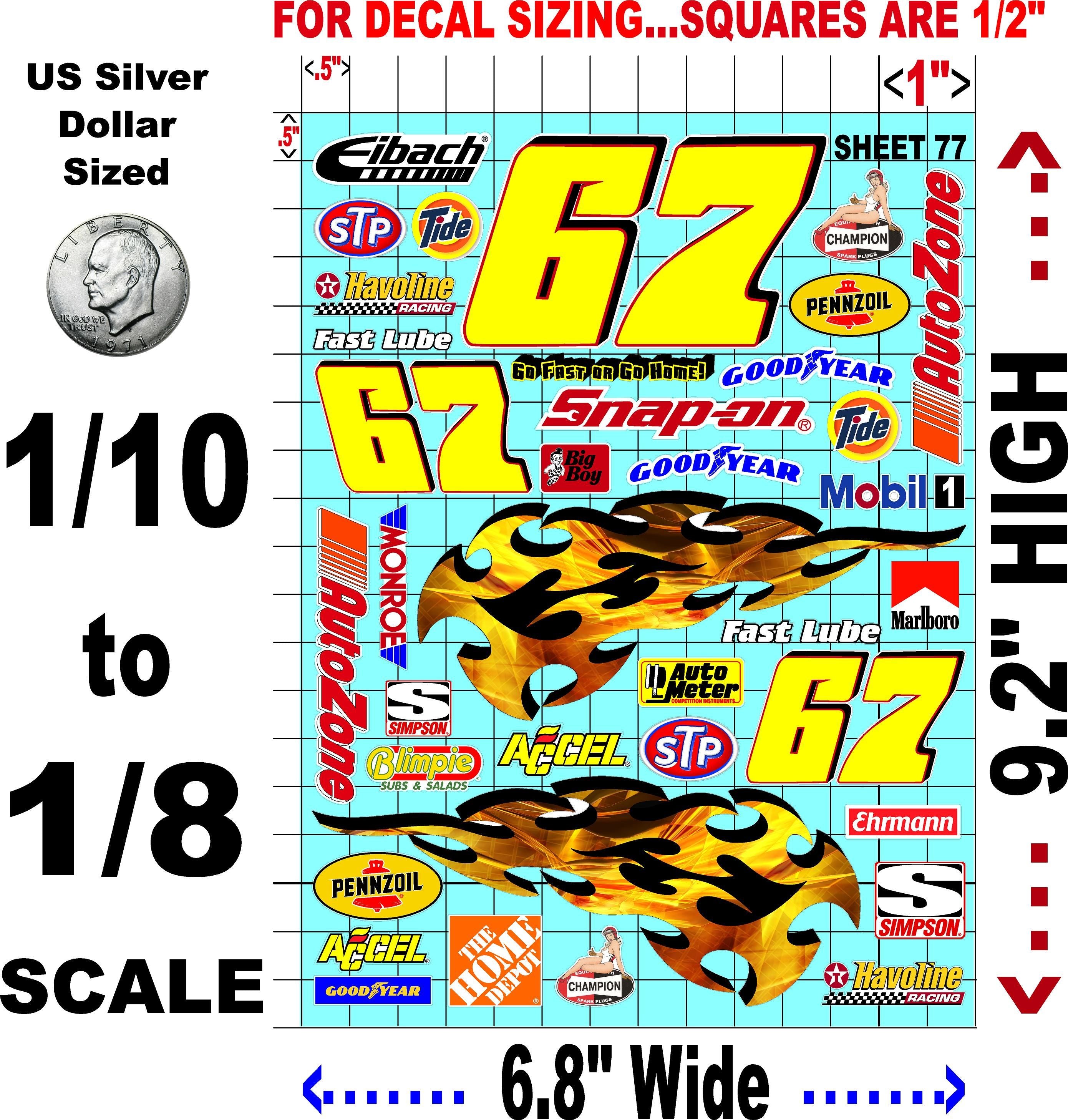 Clear Matte Finish Vinyl Sticker Variety Sheet 77-1/10th - 1/8th Scale Large 6.8" x 9.2"h Vinyl R/C Model Decal Sticker Sheet Radio Control Lexan Body