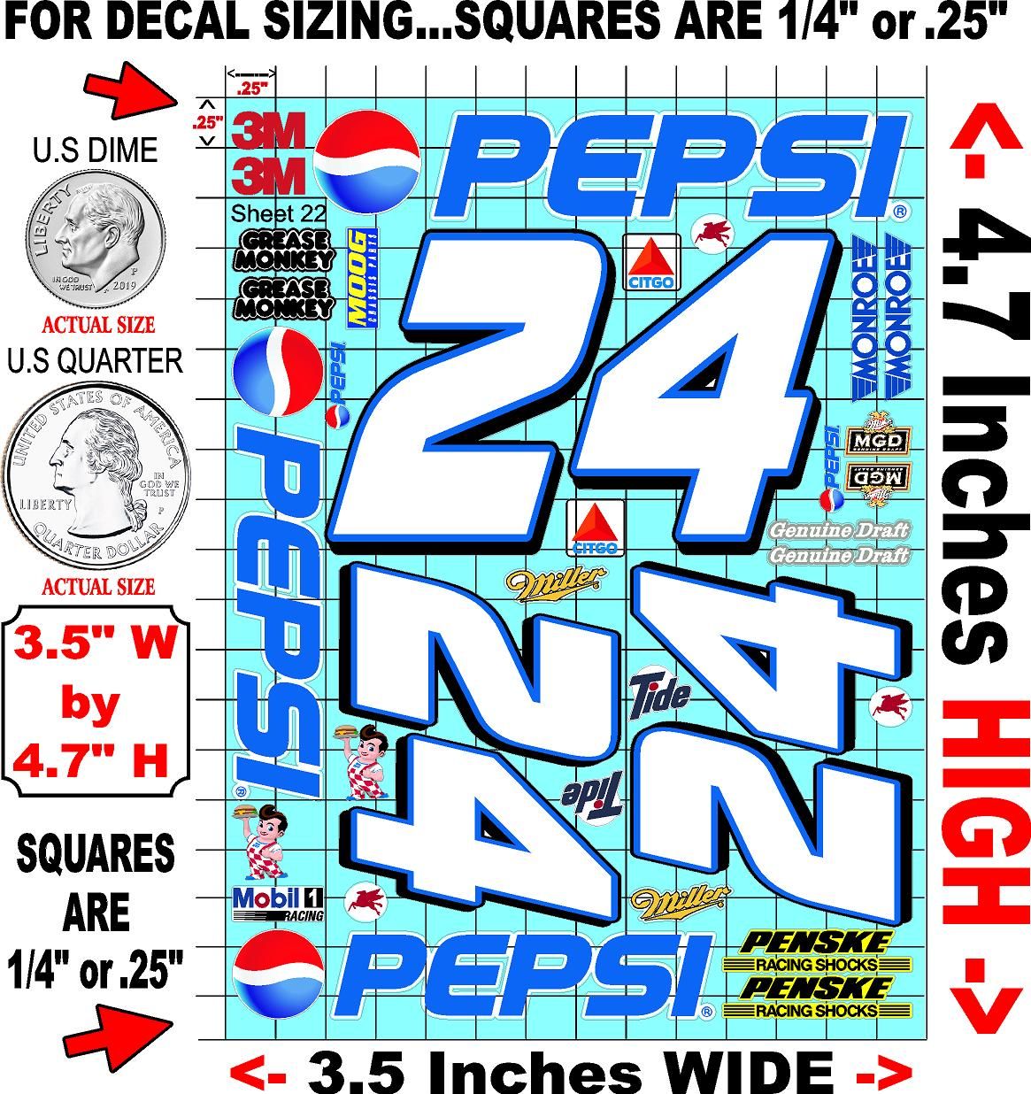 Clear Matte Finish Vinyl Pepsi Sheet 22 R/C Stockcar Vinyl R/C Racing Sponsor Sticker Small-1/24-1/16th Scale Model Decal Sticker Radio Control Lexan Body-Graphics for R/c Cars, Boats, Trucks Scale Model–Die-Cut