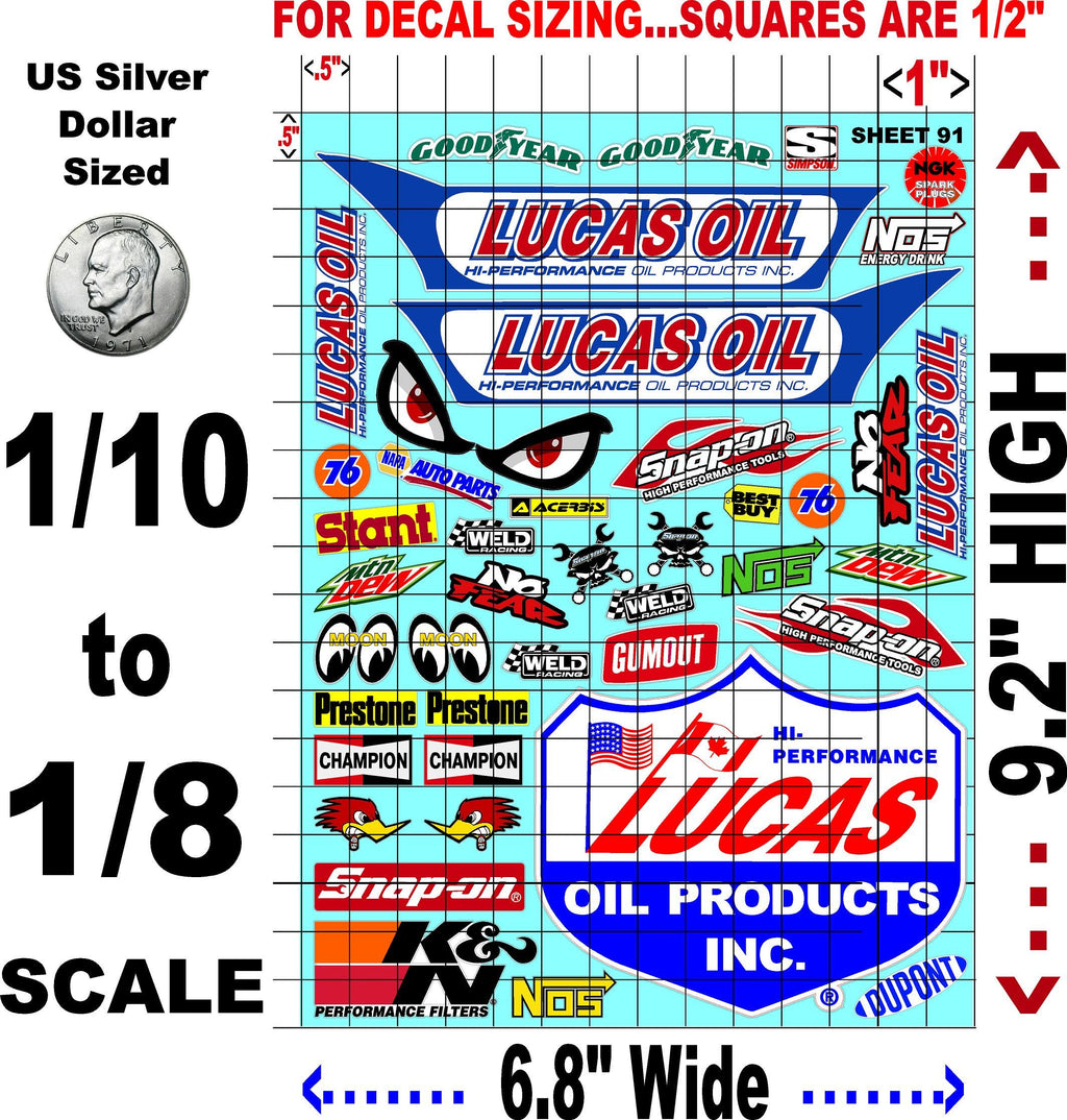 Clear Matte Finish Vinyl Sticker Variety Sheet 91-1/10th - 1/8th Scale Large 6.8" x 9.2"h Vinyl R/C Model Decal Sticker Sheet Radio Control Lexan Body