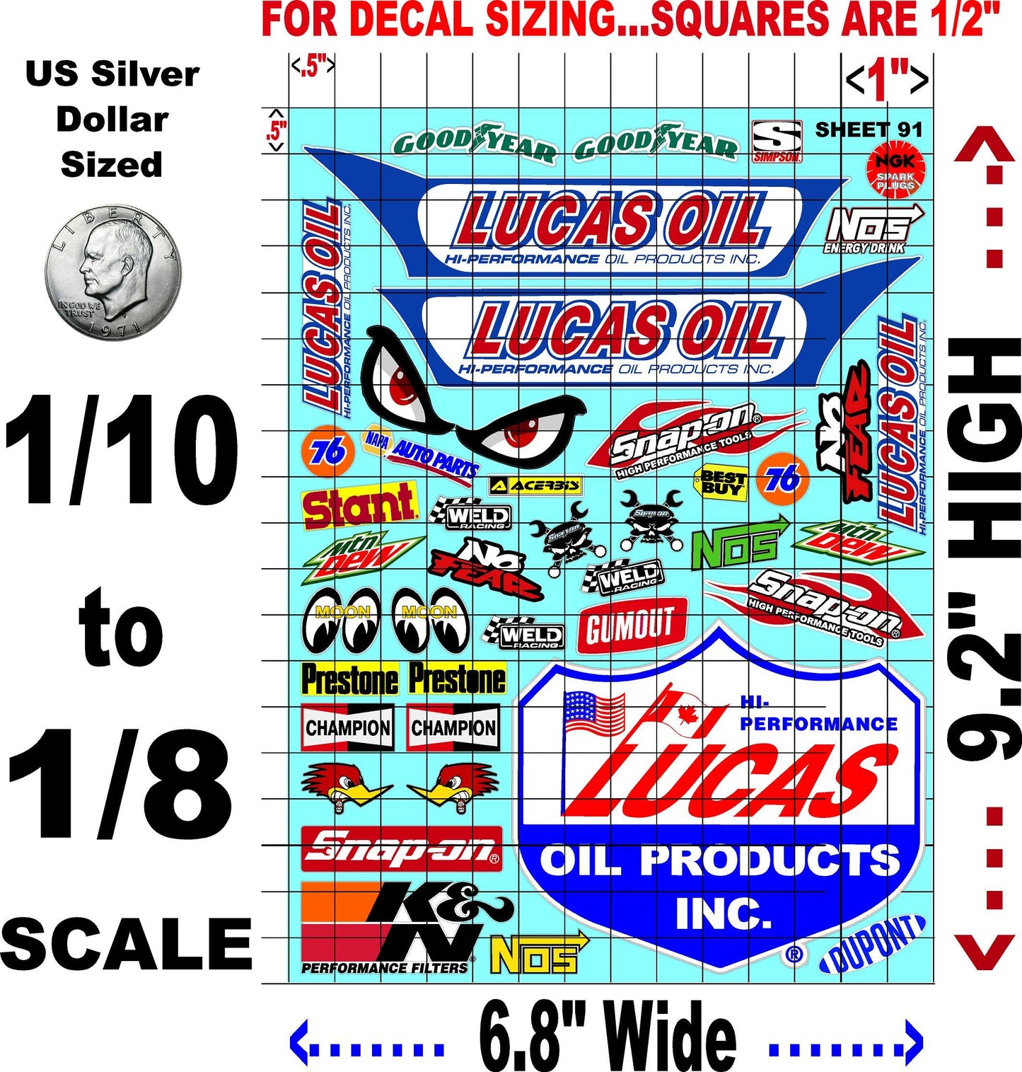 Clear Matte Finish Vinyl Sticker Variety Sheet 91-1/10th - 1/8th Scale Large 6.8" x 9.2"h Vinyl R/C Model Decal Sticker Sheet Radio Control Lexan Body