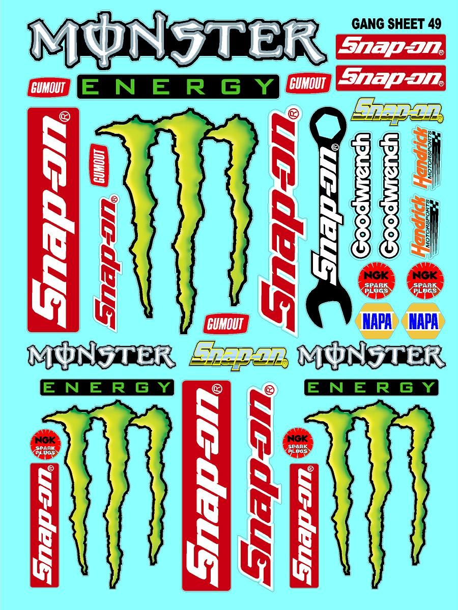 White Vinyl Gloss Monster & Snap On Mix Sheet 49 Stockcar Vinyl R/C Racing Sponsor Sticker Small-1/24-1/16th Scale Model Decal Sticker Radio Control Lexan Body-Graphics for R/c Cars, Boats, Trucks Scale Model–Die-Cut