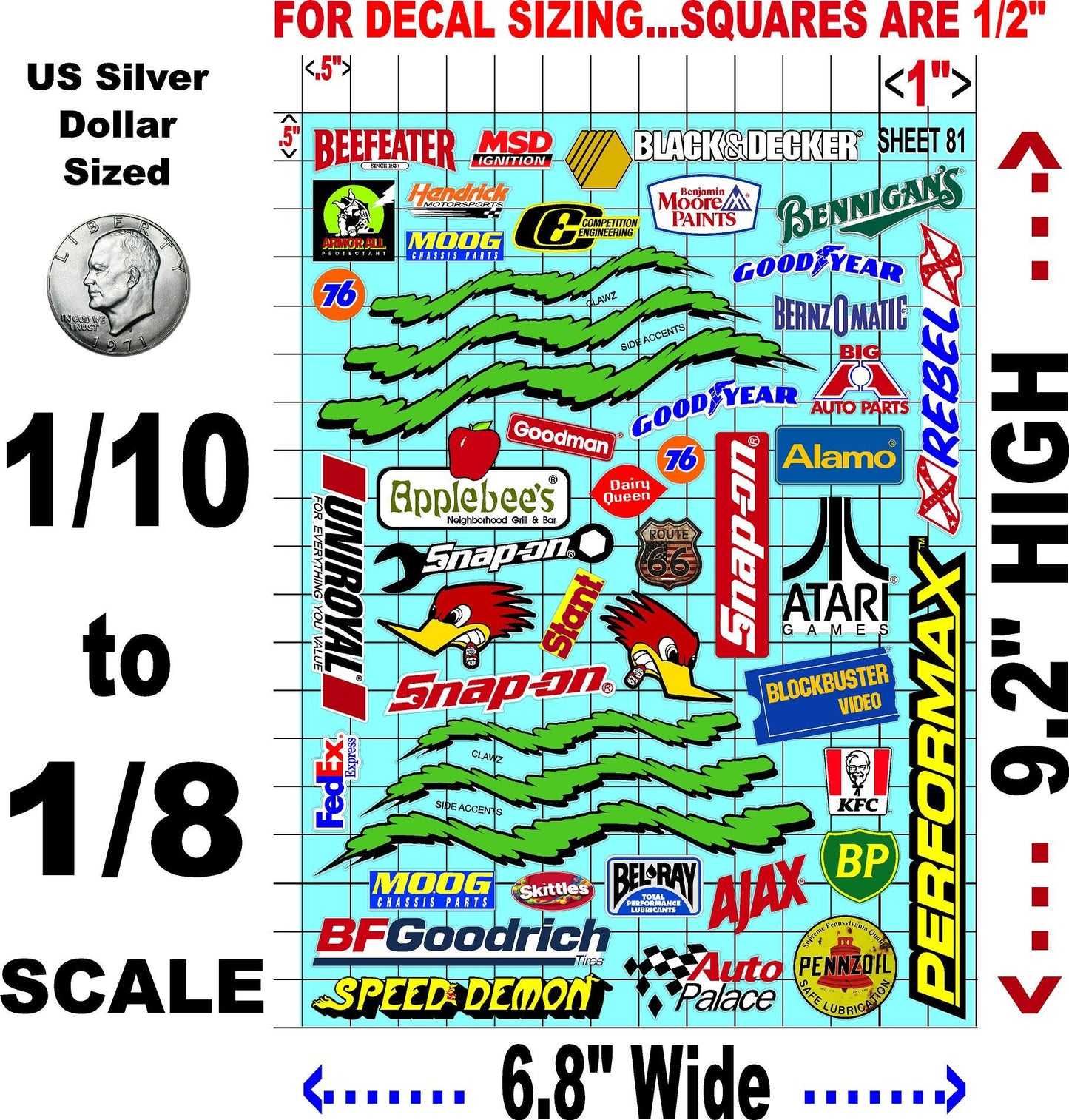 Clear Matte Finish Vinyl Sticker Variety Sheet 81-1/10th - 1/8th Scale Large 6.8" x 9.2"h Vinyl R/C Model Decal Sticker Sheet Radio Control Lexan Body