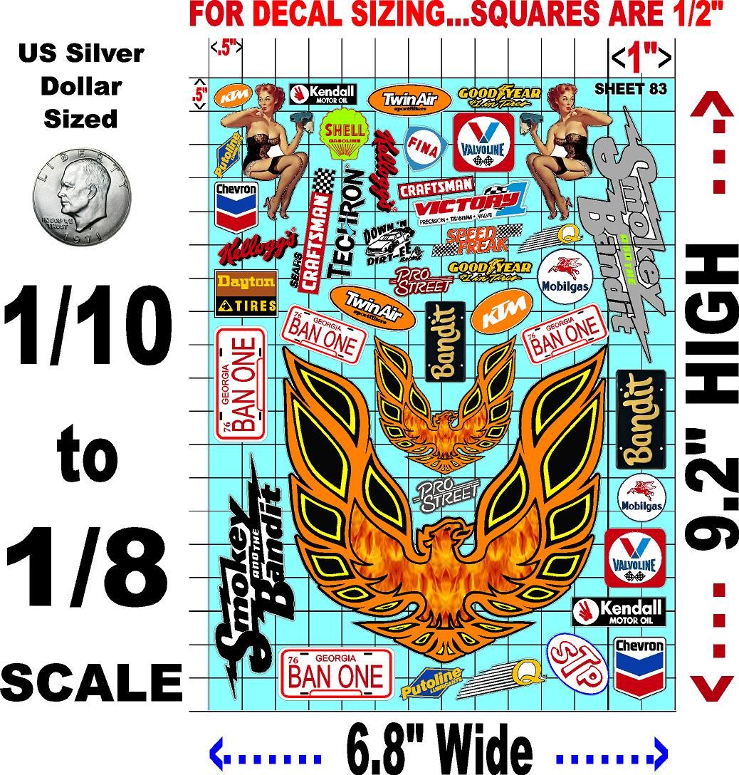 Clear Matte Finish Vinyl Sticker Variety Sheet 83-1/10th - 1/8th Scale Large 6.8" x 9.2"h Vinyl R/C Model Decal Sticker Sheet Radio Control Lexan Body