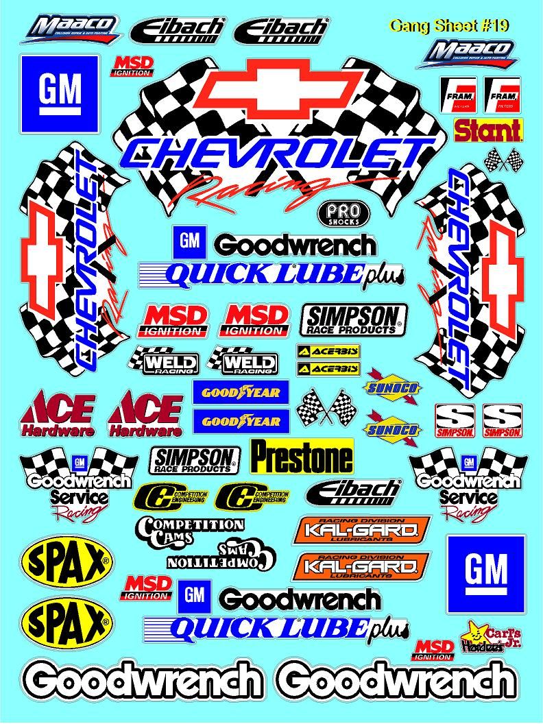 Clear Matte Finish Vinyl Chevy Racing Sheet 19 R/C Stockcar Vinyl R/C Racing Sponsor Sticker Small-1/24-1/16th Scale Model Decal Sticker Radio Control Lexan Body-Graphics for R/c Cars, Boats, Trucks Scale Model–Die-Cut
