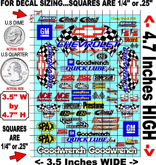 White Vinyl Gloss Chevy Sheet 19 Stockcar Vinyl R/C Racing Sponsor Sticker Small-1/24-1/16th Scale Model Decal Sticker Radio Control Lexan Body-Graphics for R/c Cars, Boats, Trucks Scale Model–Die-Cut