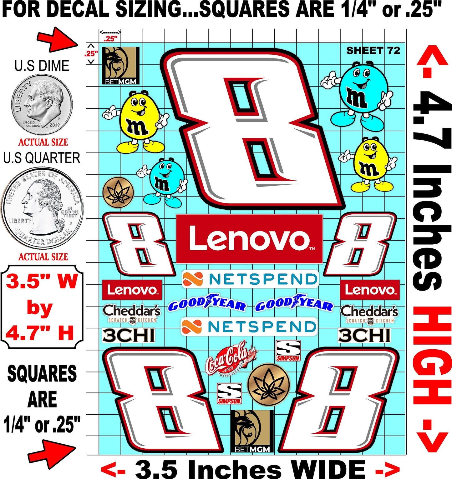 Clear Matte Finish Vinyl Kyle Busch Sheet 72 R/C Stockcar Vinyl R/C Racing Sponsor Sticker Small-1/24-1/16th Scale Model Decal Sticker Radio Control Lexan Body-Graphics for R/c Cars, Boats, Trucks Scale Model–Die-Cut