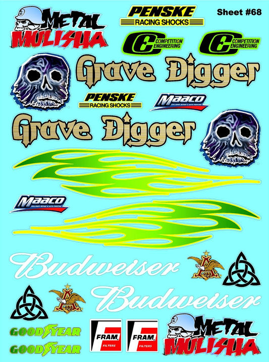 Clear Matte Finish Vinyl Grave Digger Sheet 68 R/C Stockcar Vinyl R/C Racing Sponsor Sticker Small-1/24-1/16th Scale Model Decal Sticker Radio Control Lexan Body-Graphics for R/c Cars, Boats, Trucks Scale Model–Die-Cut