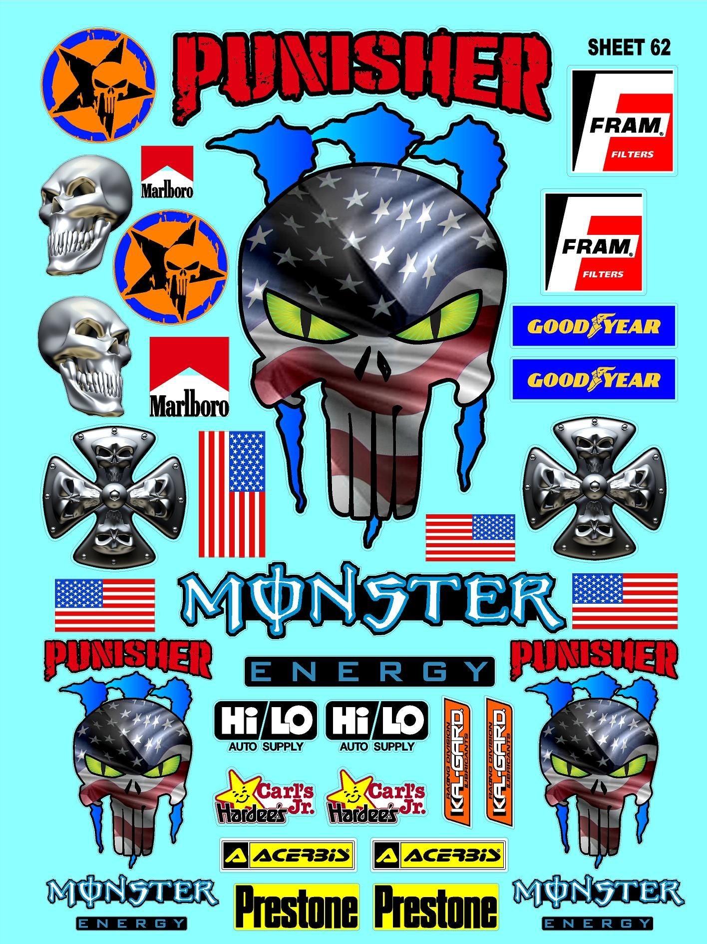 Clear Matte Finish Vinyl Punisher Sheet 62 R/C Stockcar Vinyl R/C Racing Sponsor Sticker Small-1/24-1/16th Scale Model Decal Sticker Radio Control Lexan Body-Graphics for R/c Cars, Boats, Trucks Scale Model–Die-Cut