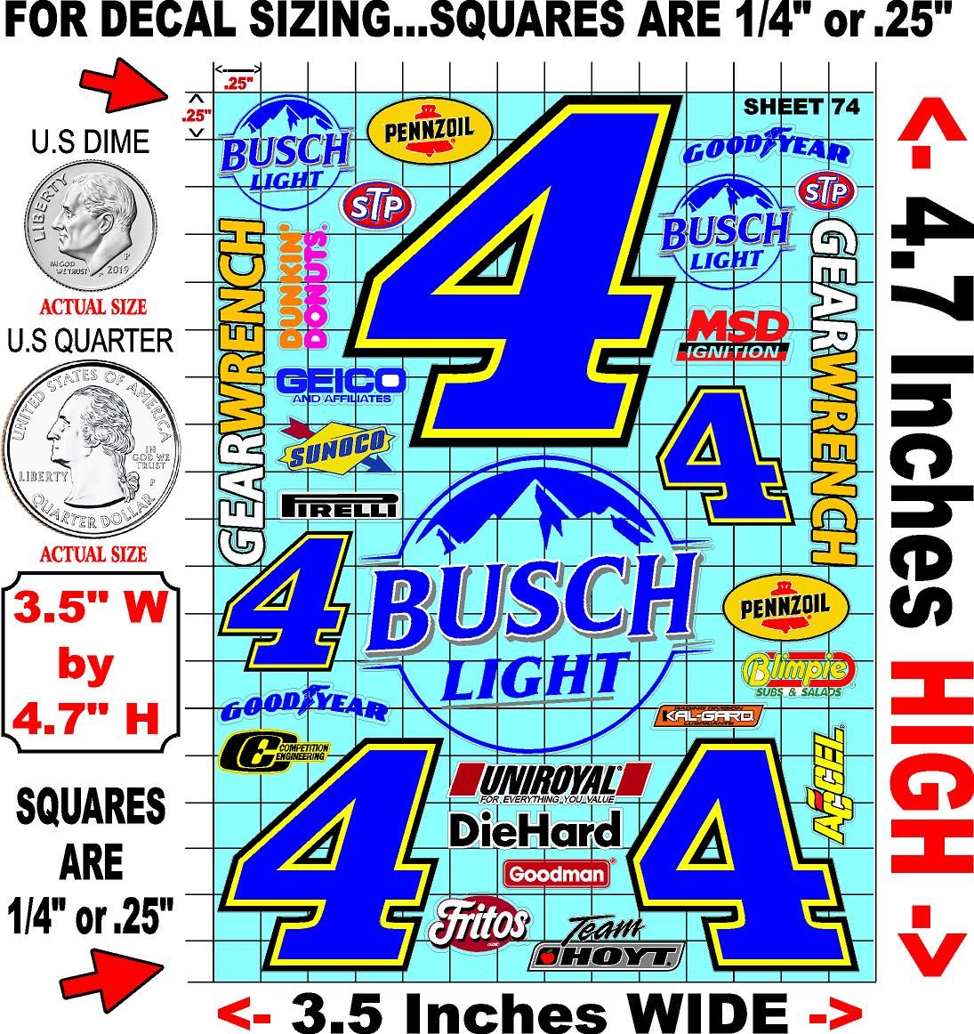 White Vinyl Gloss Kevin Harvick Sheet 74 Stockcar Vinyl R/C Racing Sponsor Sticker Small-1/24-1/16th Scale Model Decal Sticker Radio Control Lexan Body-Graphics for R/c Cars, Boats, Trucks Scale Model–Die-Cut