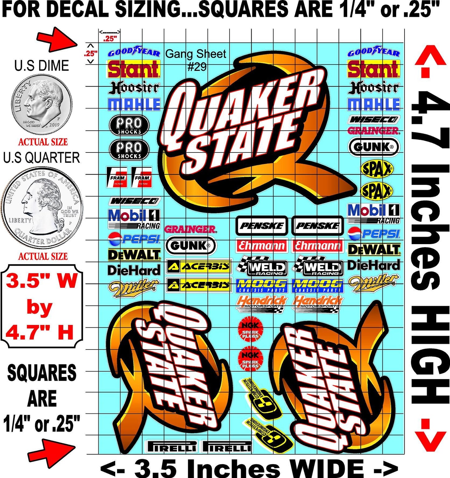 White Vinyl Gloss Quaker Sheet 29 Stockcar Vinyl R/C Racing Sponsor Sticker Small-1/24-1/16th Scale Model Decal Sticker Radio Control Lexan Body-Graphics for R/c Cars, Boats, Trucks Scale Model–Die-Cut