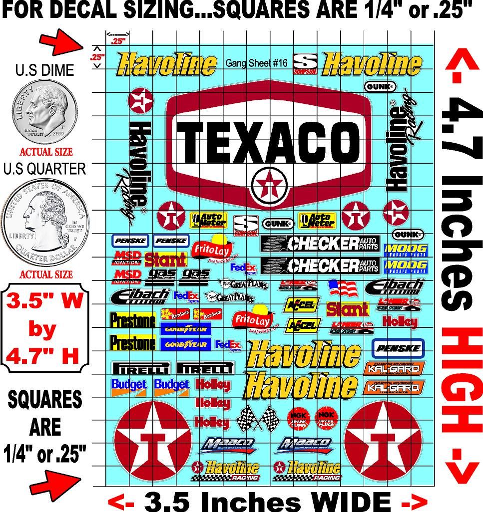 White Vinyl Gloss Texaco Sheet 16 Vinyl R/C Racing Sponsor Sticker Small-1/24-1/16th Scale Model Decal Sticker Radio Control Lexan Body-Graphics for R/c Cars, Boats, Trucks Scale Model–Die-Cut