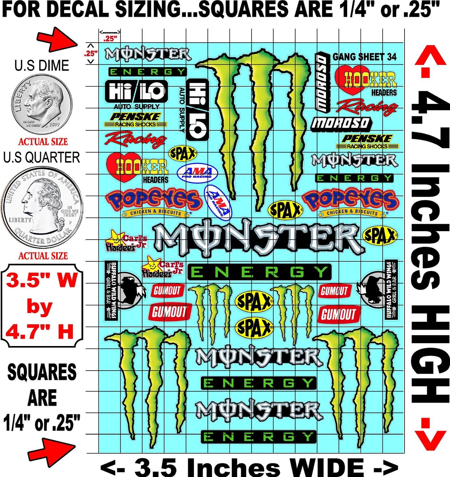 Clear Matte Finish Vinyl Monster Sheet 34 R/C Stockcar Vinyl R/C Racing Sponsor Sticker Small-1/24-1/16th Scale Model Decal Sticker Radio Control Lexan Body-Graphics for R/c Cars, Boats, Trucks Scale Model–Die-Cut