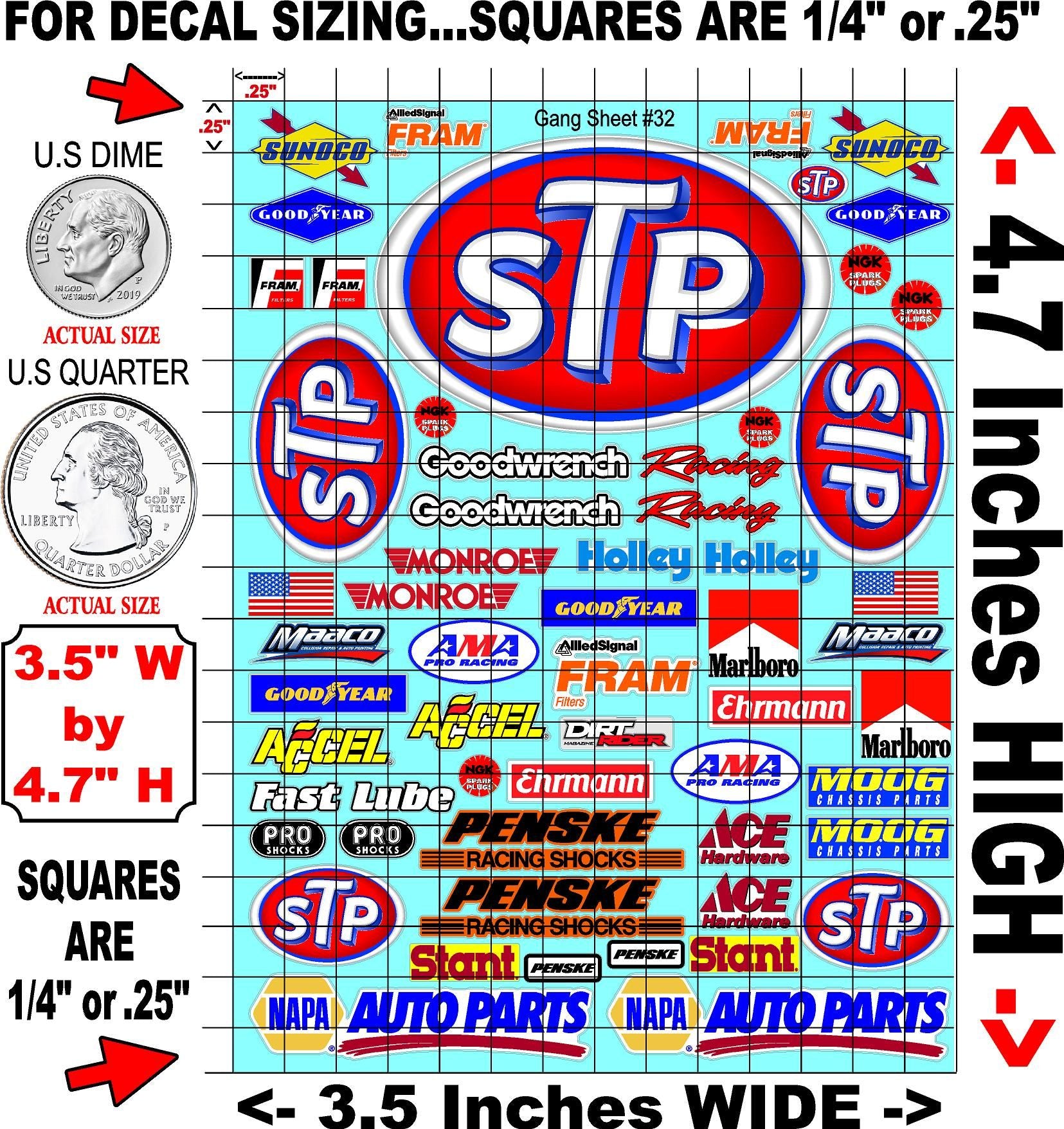 Clear Matte Finish Vinyl STP Sheet 32 R/C Stockcar Vinyl R/C Racing Sponsor Sticker Small-1/24-1/16th Scale Model Decal Sticker Radio Control Lexan Body-Graphics for R/c Cars, Boats, Trucks Scale Model–Die-Cut