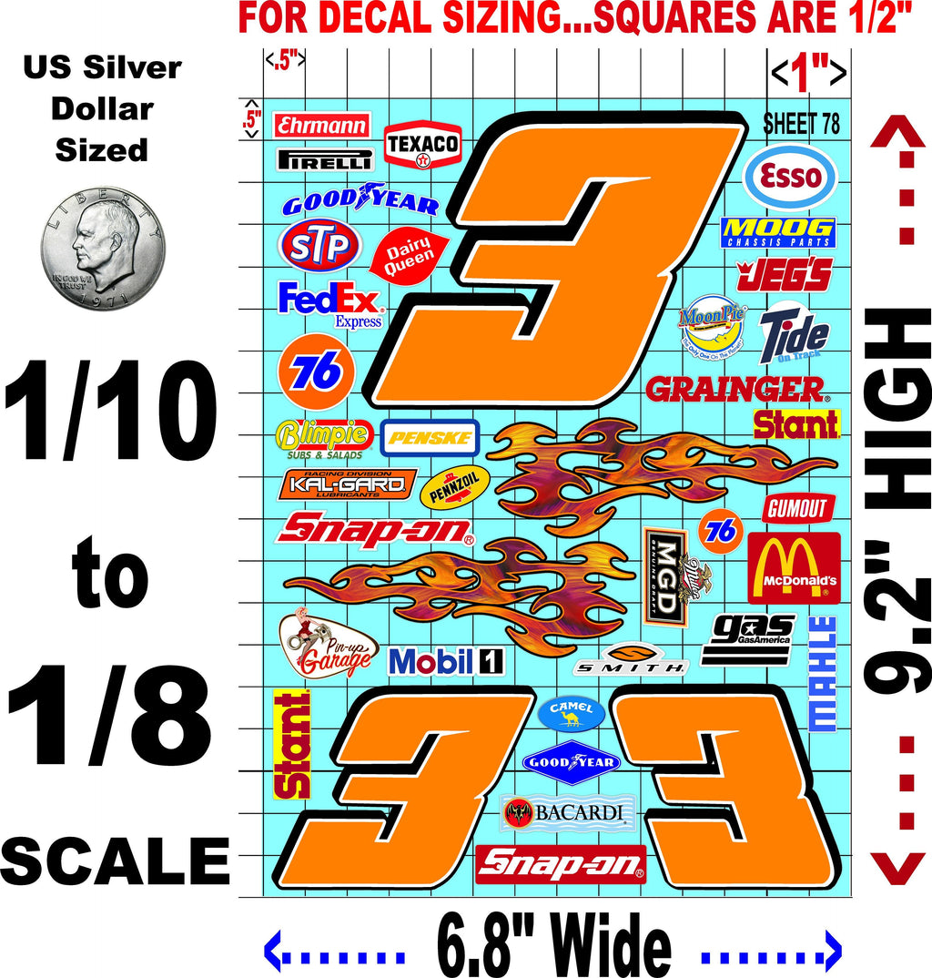 Clear Matte Finish Vinyl Sticker Variety Sheet 78-1/10th - 1/8th Scale Large 6.8" x 9.2"h Vinyl R/C Model Decal Sticker Sheet Radio Control Lexan Body