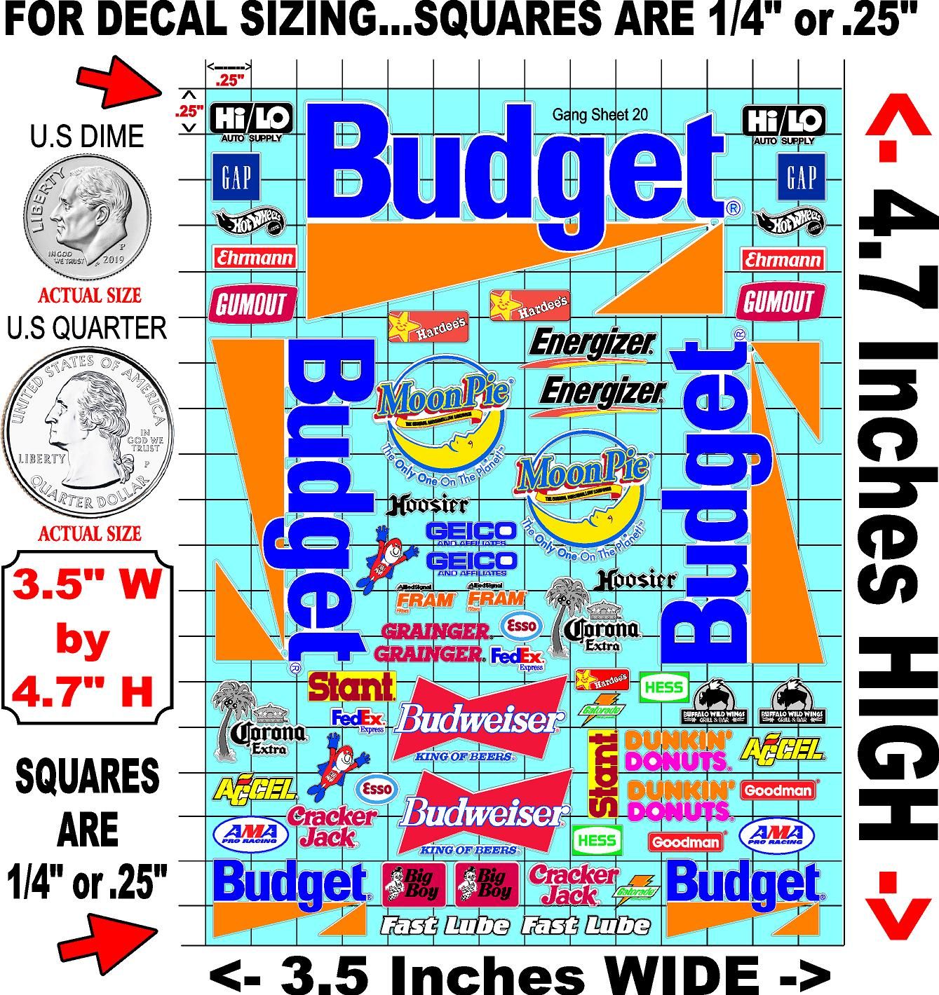 Clear Matte Finish Vinyl Budget Rental Sheet 20 R/C Stockcar Vinyl R/C Racing Sponsor Sticker Small-1/24-1/16th Scale Model Decal Sticker Radio Control Lexan Body-Graphics for R/c Cars, Boats, Trucks Scale Model–Die-Cut