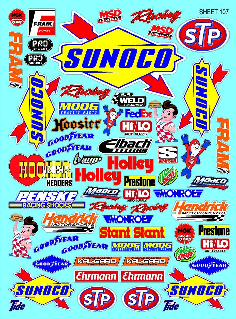 White Vinyl Gloss Sunoco Sheet 107 Stockcar Vinyl R/C Racing Sponsor Sticker Small-1/24-1/16th Scale Model Decal Sticker Radio Control Lexan Body-Graphics for R/c Cars, Boats, Trucks Scale Model–Die-Cut
