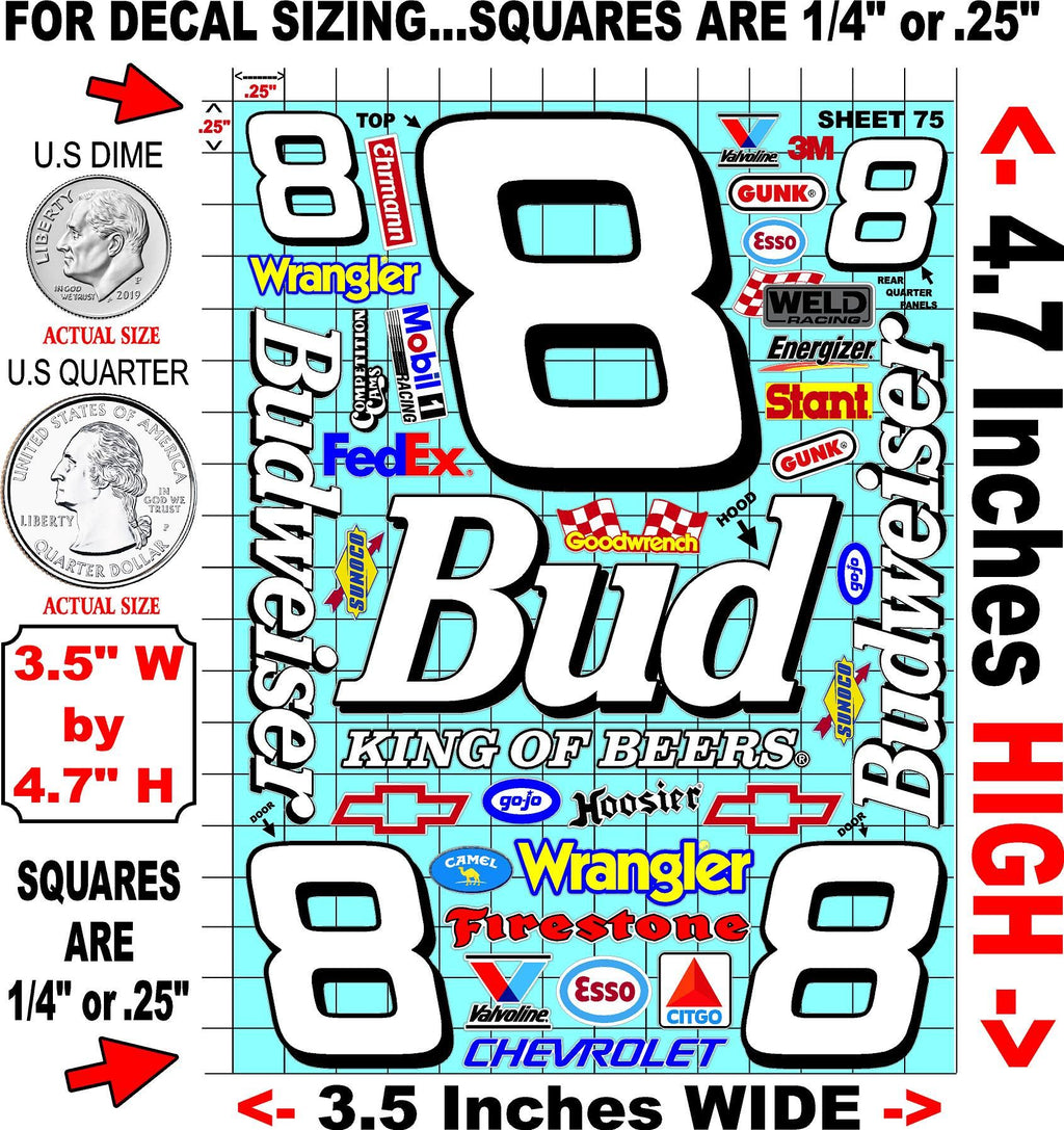 White Vinyl Gloss Earnhardt Sheet 75 Stockcar Vinyl R/C Racing Sponsor Sticker Small-1/24-1/16th Scale Model Decal Sticker Radio Control Lexan Body-Graphics for R/c Cars, Boats, Trucks Scale Model–Die-Cut
