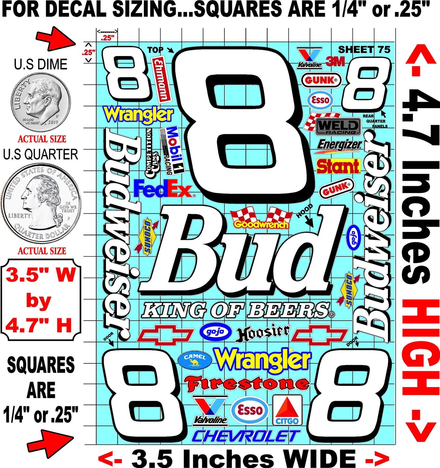 White Vinyl Gloss Earnhardt Sheet 75 Stockcar Vinyl R/C Racing Sponsor Sticker Small-1/24-1/16th Scale Model Decal Sticker Radio Control Lexan Body-Graphics for R/c Cars, Boats, Trucks Scale Model–Die-Cut