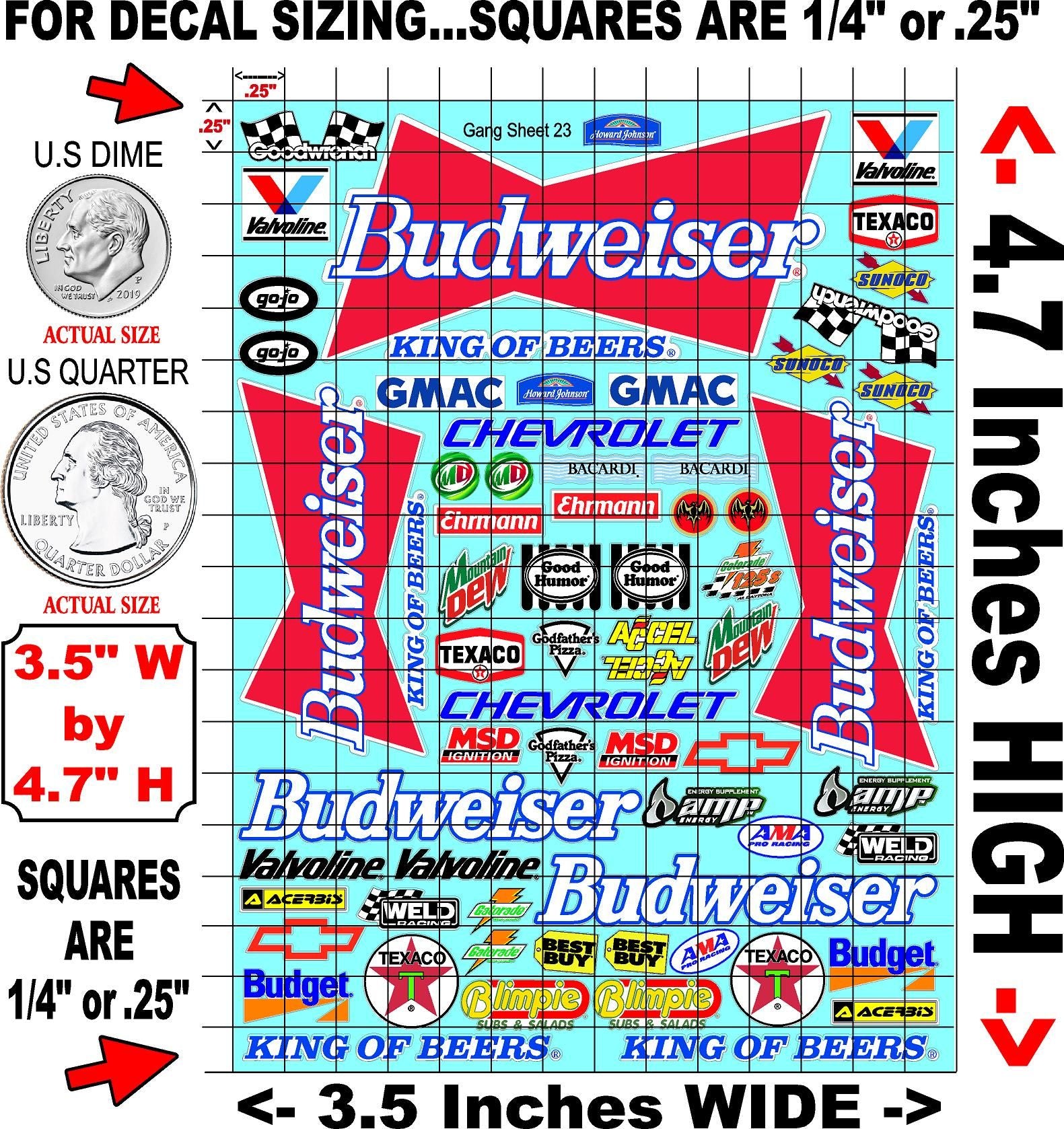 White Vinyl Gloss Budweiser Sheet 23 Stockcar Vinyl R/C Racing Sponsor Sticker Small-1/24-1/16th Scale Model Decal Sticker Radio Control Lexan Body-Graphics for R/c Cars, Boats, Trucks Scale Model–Die-Cut