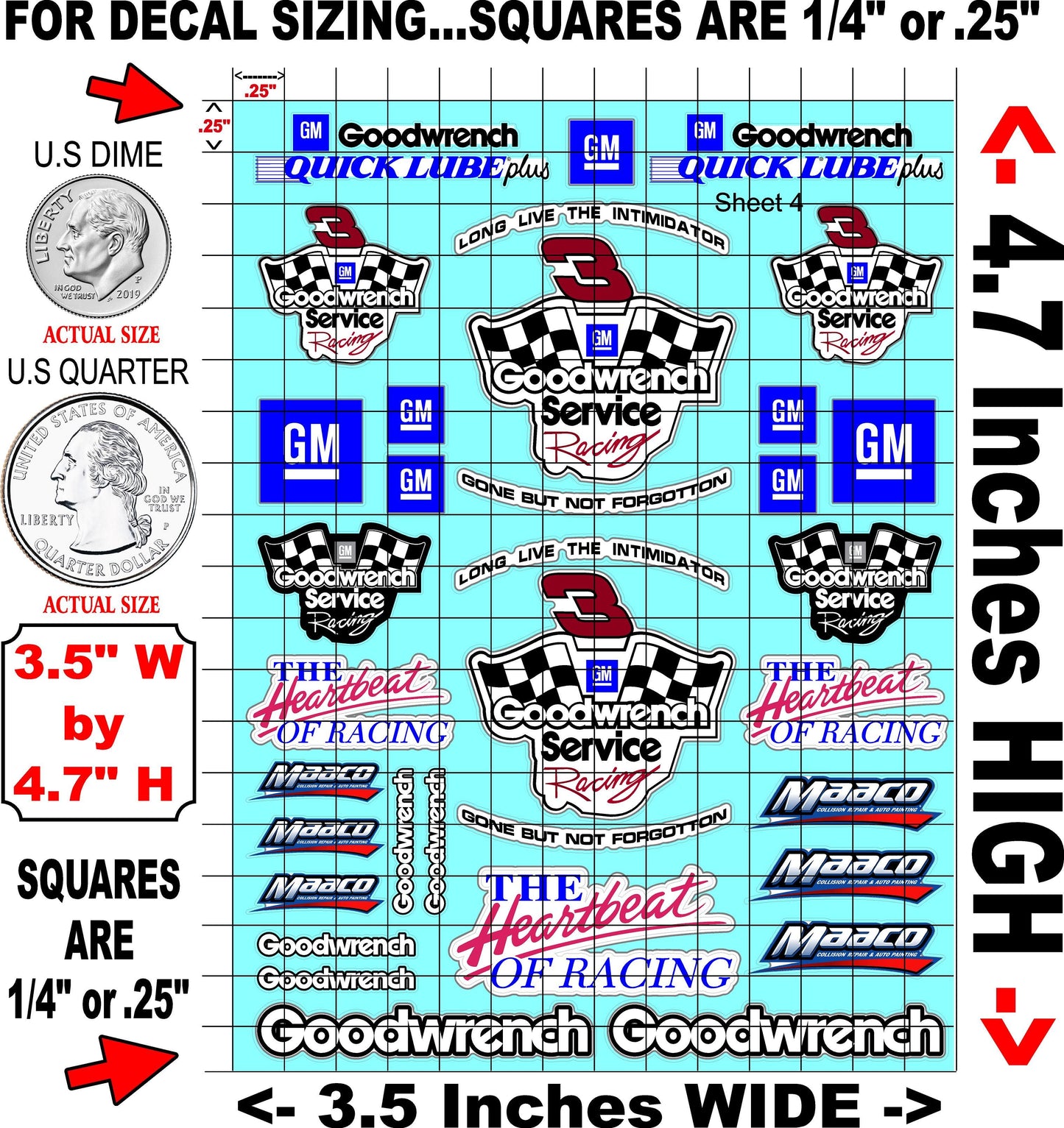 White Vinyl Gloss Goodwrench Chevy Sheet 4 Vinyl R/C Racing Sponsor Sticker Small-1/24-1/16th Scale Model Decal Sticker Radio Control Lexan Body-Graphics for R/c Cars, Boats, Trucks Scale Model–Die-Cut