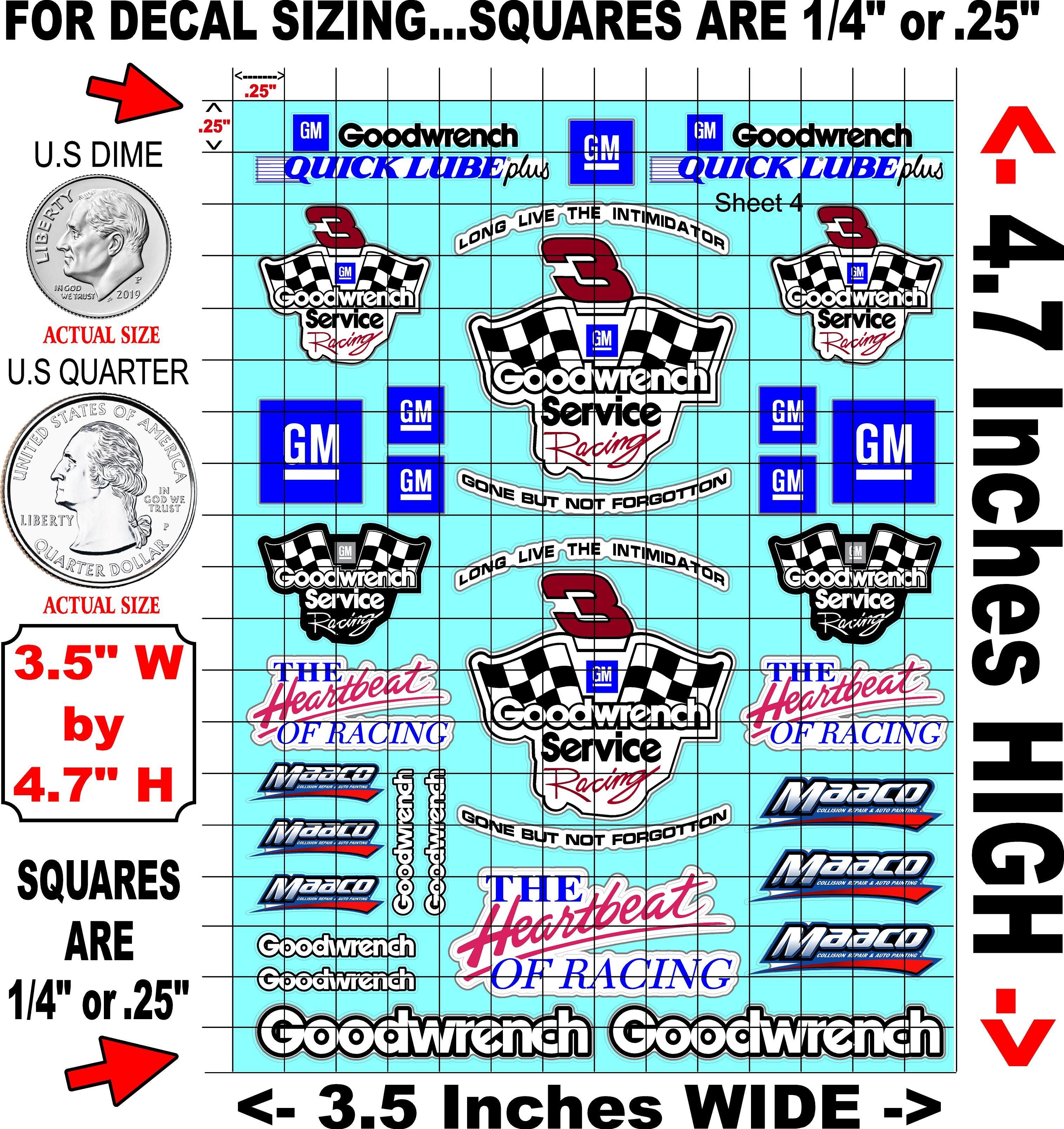 White Vinyl Gloss Goodwrench Chevy Sheet 4 Vinyl R/C Racing Sponsor Sticker Small-1/24-1/16th Scale Model Decal Sticker Radio Control Lexan Body-Graphics for R/c Cars, Boats, Trucks Scale Model–Die-Cut