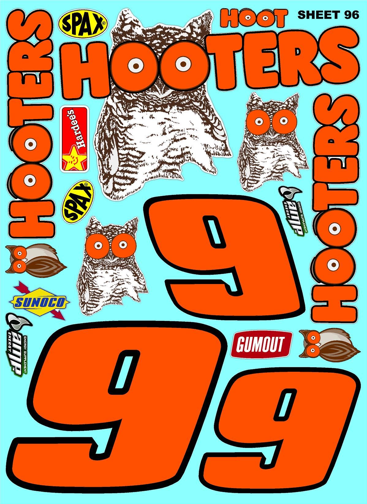 Clear Matte Finish Vinyl Hooters Sheet 96 R/C Stockcar Vinyl R/C Racing Sponsor Sticker Small-1/24-1/16th Scale Model Decal Sticker Radio Control Lexan Body-Graphics for R/c Cars, Boats, Trucks Scale Model–Die-Cut