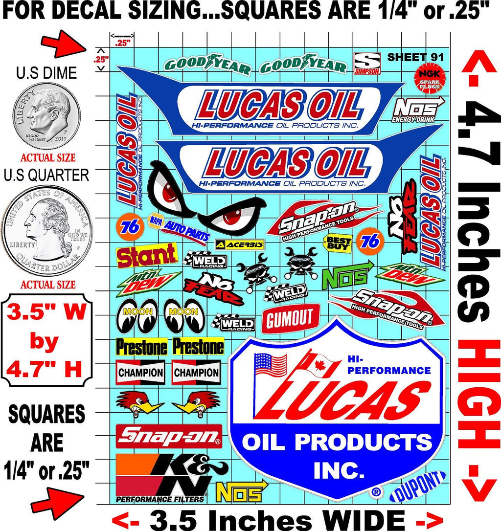 Clear Matte Finish Vinyl Lucas Oil Sheet 91 R/C Stockcar Vinyl R/C Racing Sponsor Sticker Small-1/24-1/16th Scale Model Decal Sticker Radio Control Lexan Body-Graphics for R/c Cars, Boats, Trucks Scale Model–Die-Cut
