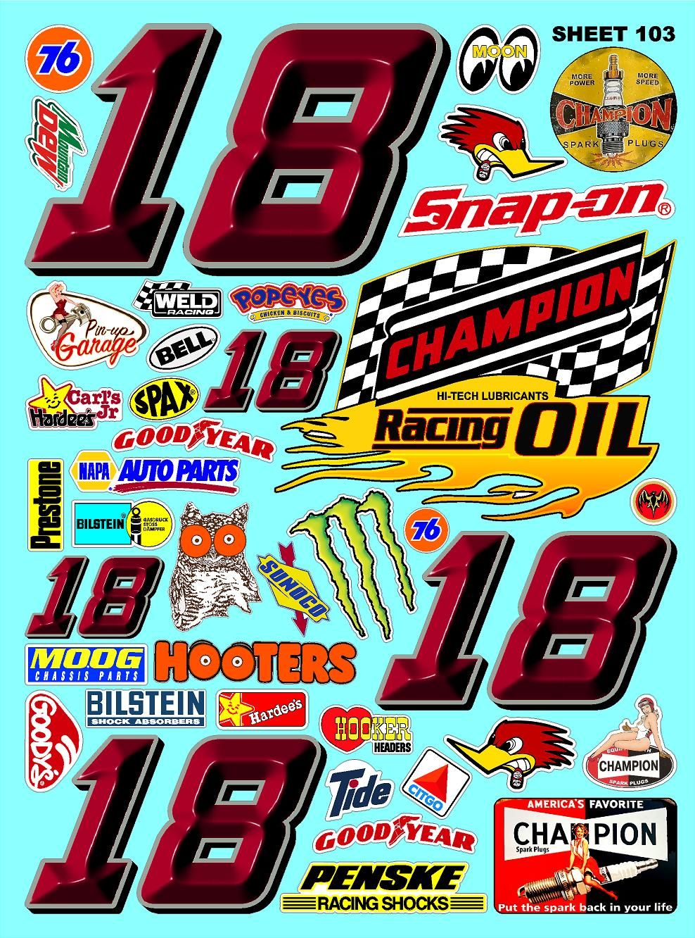 Clear Matte Finish Vinyl Sheet 103 R/C Stockcar Vinyl R/C Racing Sponsor Sticker Small-1/24-1/16th Scale Model Decal Sticker Radio Control Lexan Body-Graphics for R/c Cars, Boats, Trucks Scale Model–Die-Cut