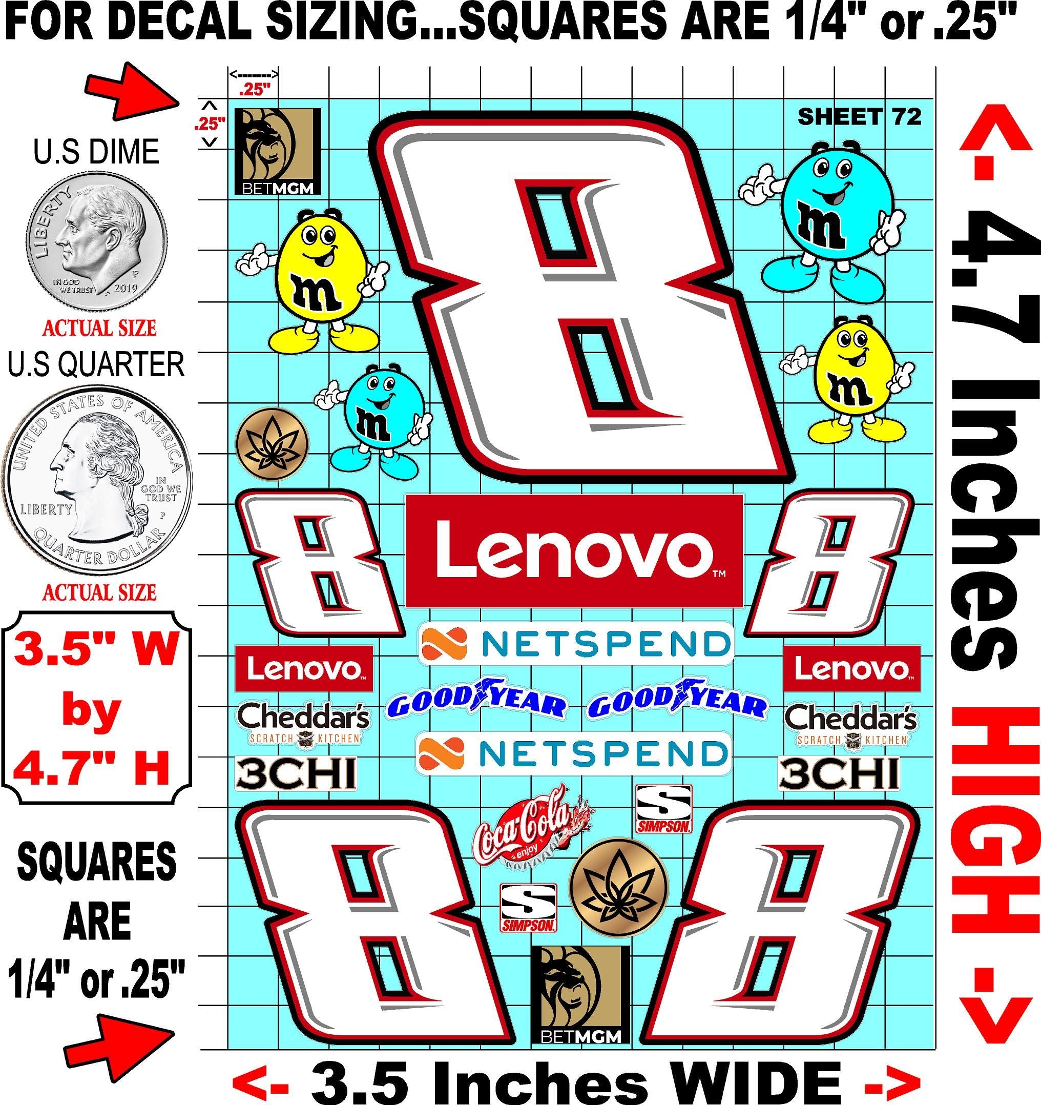 White Vinyl Gloss Kyle Busch Sheet 72 Stockcar Vinyl R/C Racing Sponsor Sticker Small-1/24-1/16th Scale Model Decal Sticker Radio Control Lexan Body-Graphics for R/c Cars, Boats, Trucks Scale Model–Die-Cut