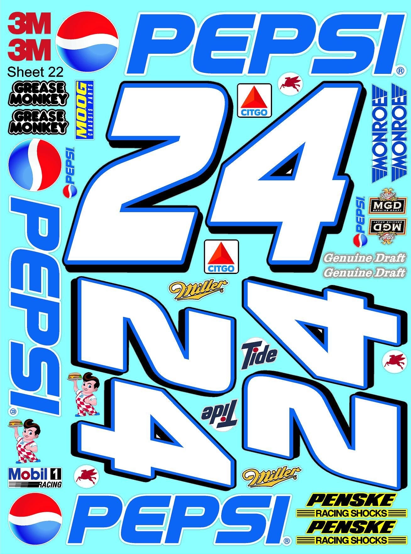 Clear Matte Finish Vinyl Pepsi Sheet 22 R/C Stockcar Vinyl R/C Racing Sponsor Sticker Small-1/24-1/16th Scale Model Decal Sticker Radio Control Lexan Body-Graphics for R/c Cars, Boats, Trucks Scale Model–Die-Cut