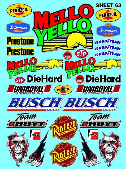 White Vinyl Gloss Mello Yello Sheet 63 Stockcar Vinyl R/C Racing Sponsor Sticker Small-1/24-1/16th Scale Model Decal Sticker Radio Control Lexan Body-Graphics for R/c Cars, Boats, Trucks Scale Model–Die-Cut