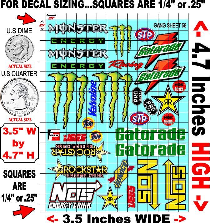 White Vinyl Gloss Energy Drinks Sheet 58 Stockcar Vinyl R/C Racing Sponsor Sticker Small-1/24-1/16th Scale Model Decal Sticker Radio Control Lexan Body-Graphics for R/c Cars, Boats, Trucks Scale Model–Die-Cut