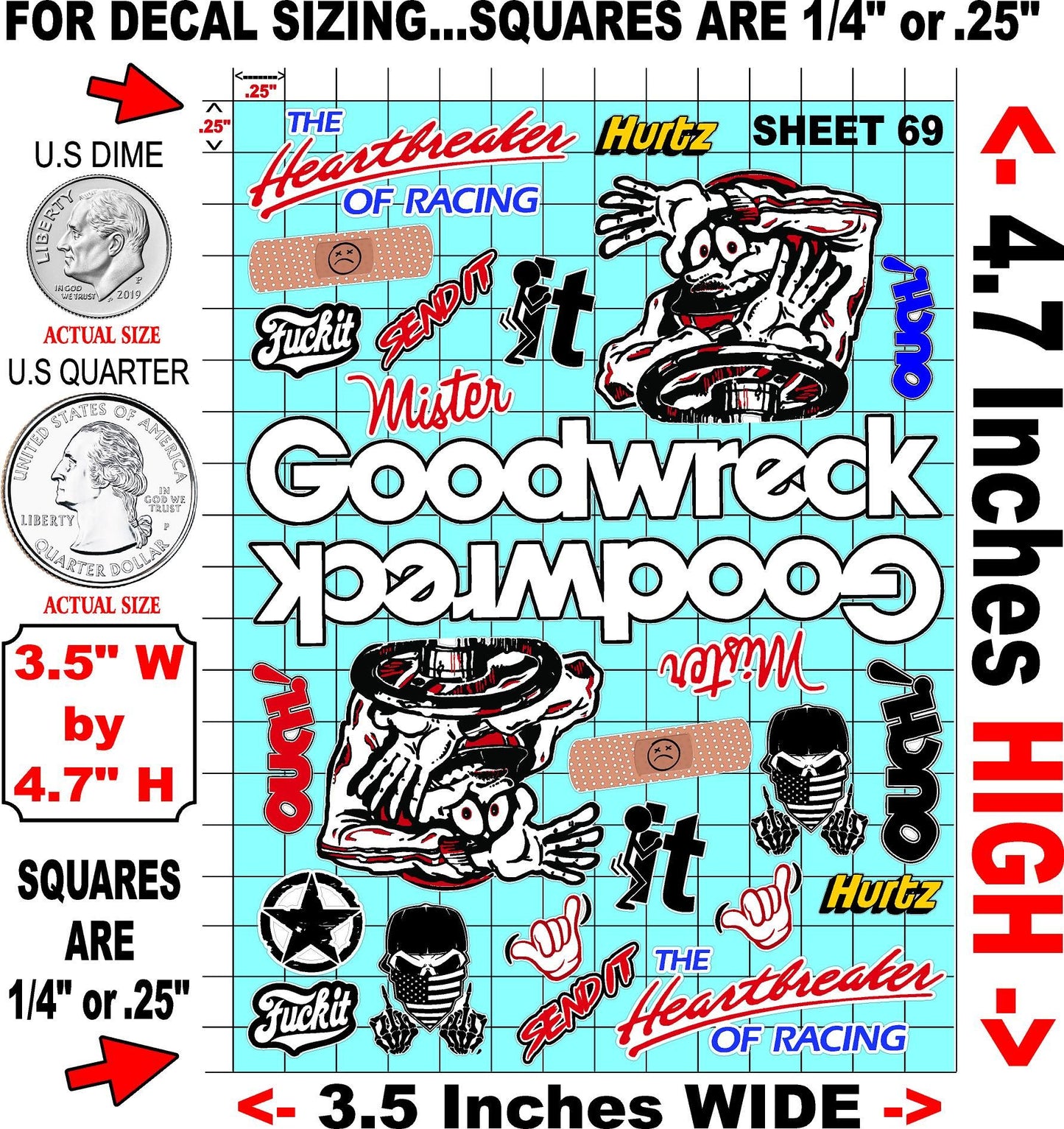 White Vinyl Gloss Goodwreck Sheet 69 Stockcar Vinyl R/C Racing Sponsor Sticker Small-1/24-1/16th Scale Model Decal Sticker Radio Control Lexan Body-Graphics for R/c Cars, Boats, Trucks Scale Model–Die-Cut