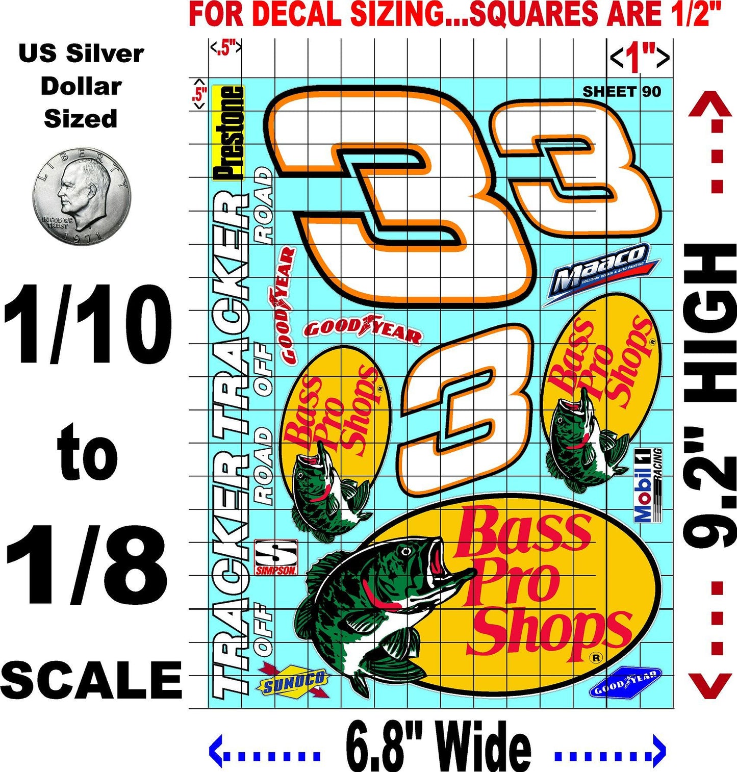 Clear Matte Finish Vinyl Sticker Variety Sheet 90-1/10th - 1/8th Scale Large 6.8" x 9.2"h Vinyl R/C Model Decal Sticker Sheet Radio Control Lexan Body