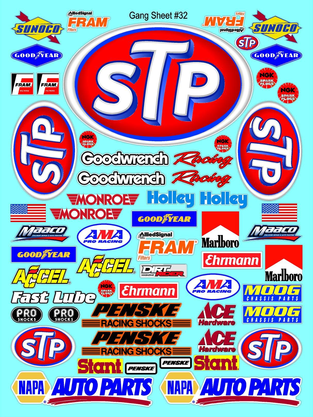 Clear Matte Finish Vinyl STP Sheet 32 R/C Stockcar Vinyl R/C Racing Sponsor Sticker Small-1/24-1/16th Scale Model Decal Sticker Radio Control Lexan Body-Graphics for R/c Cars, Boats, Trucks Scale Model–Die-Cut