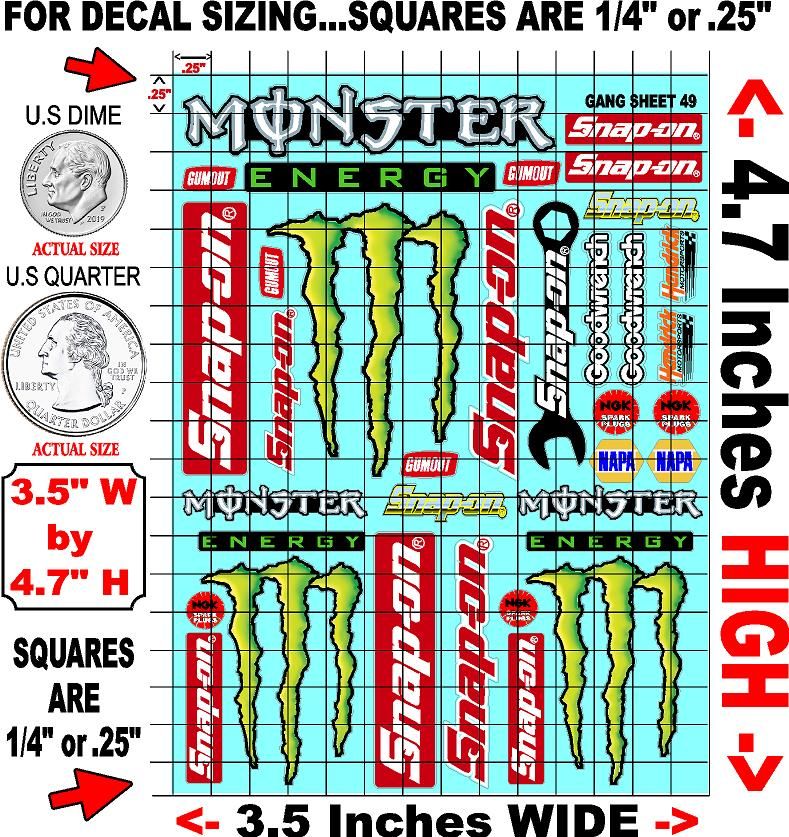 White Vinyl Gloss Monster & Snap On Mix Sheet 49 Stockcar Vinyl R/C Racing Sponsor Sticker Small-1/24-1/16th Scale Model Decal Sticker Radio Control Lexan Body-Graphics for R/c Cars, Boats, Trucks Scale Model–Die-Cut