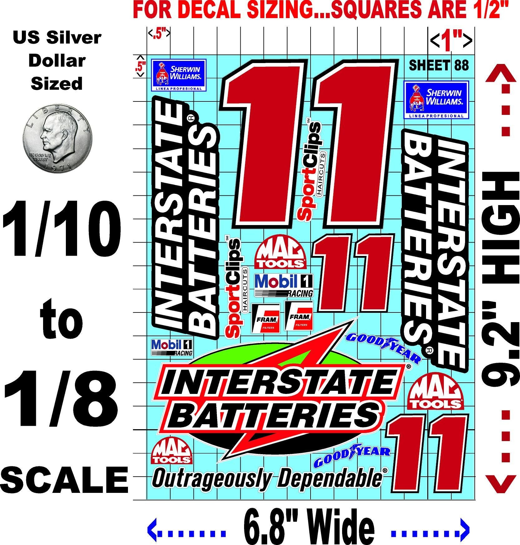 Clear Matte Finish Vinyl Sticker Variety Sheet 88-1/10th - 1/8th Scale Large 6.8" x 9.2"h Vinyl R/C Model Decal Sticker Sheet Radio Control Lexan Body