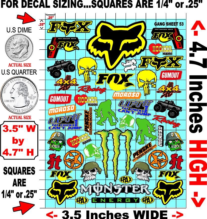 Clear Matte Finish Vinyl Fox Racing Sheet 53 R/C Stockcar Vinyl R/C Racing Sponsor Sticker Small-1/24-1/16th Scale Model Decal Sticker Radio Control Lexan Body-Graphics for R/c Cars, Boats, Trucks Scale Model–Die-Cut