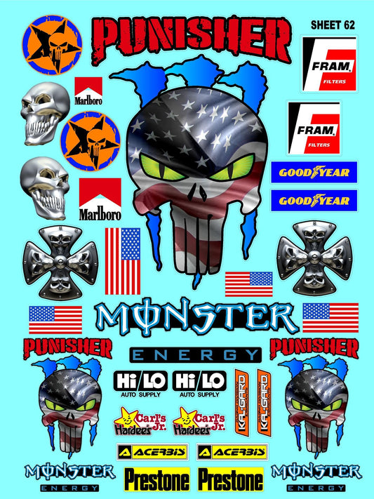 White Vinyl Gloss Punisher Sheet 62 Stockcar Vinyl R/C Racing Sponsor Sticker Small-1/24-1/16th Scale Model Decal Sticker Radio Control Lexan Body-Graphics for R/c Cars, Boats, Trucks Scale Model–Die-Cut