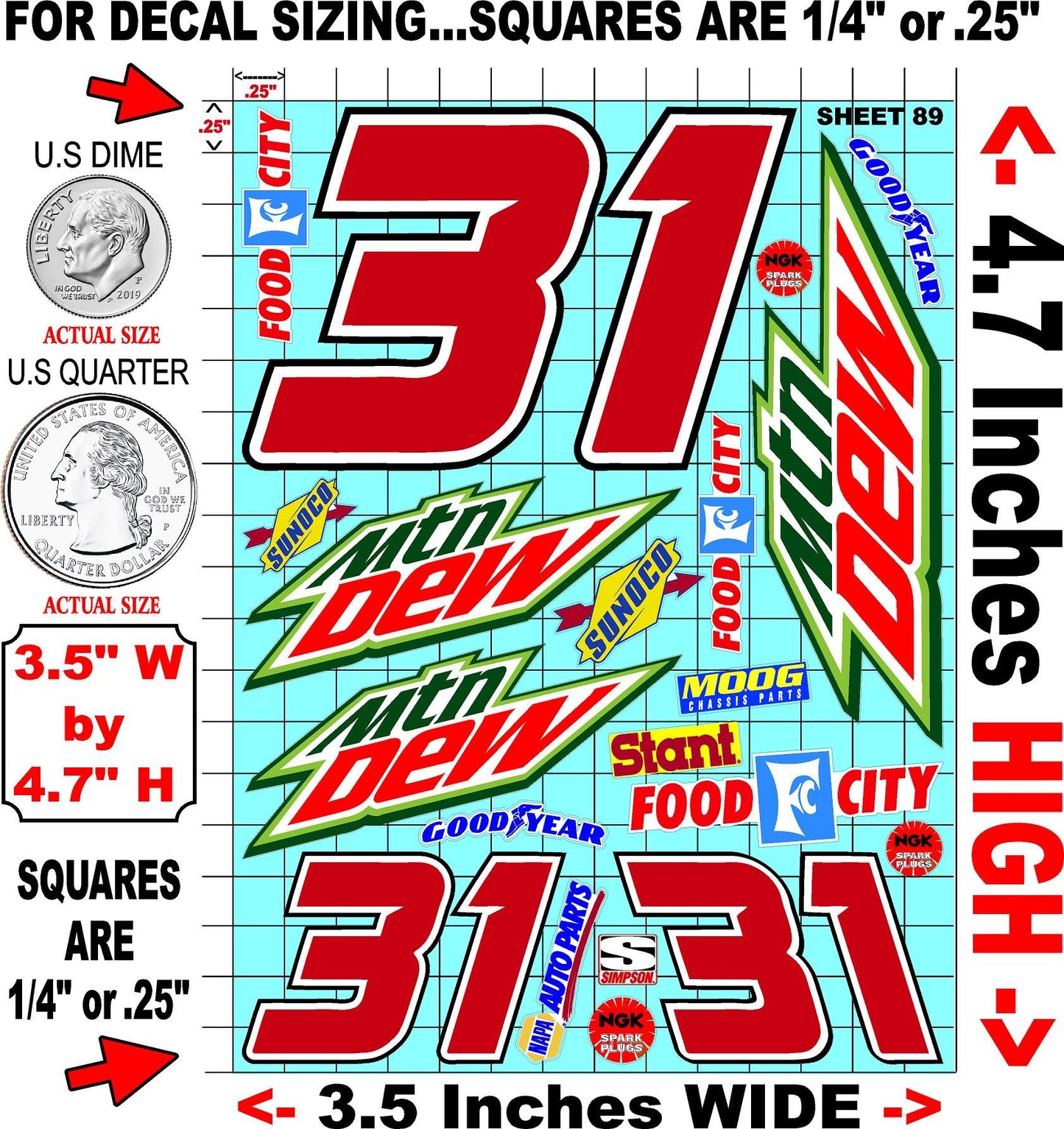 White Vinyl Gloss Sheet 89 Stockcar Vinyl R/C Racing Sponsor Sticker Small-1/24-1/16th Scale Model Decal Sticker Radio Control Lexan Body-Graphics for R/c Cars, Boats, Trucks Scale Model–Die-Cut
