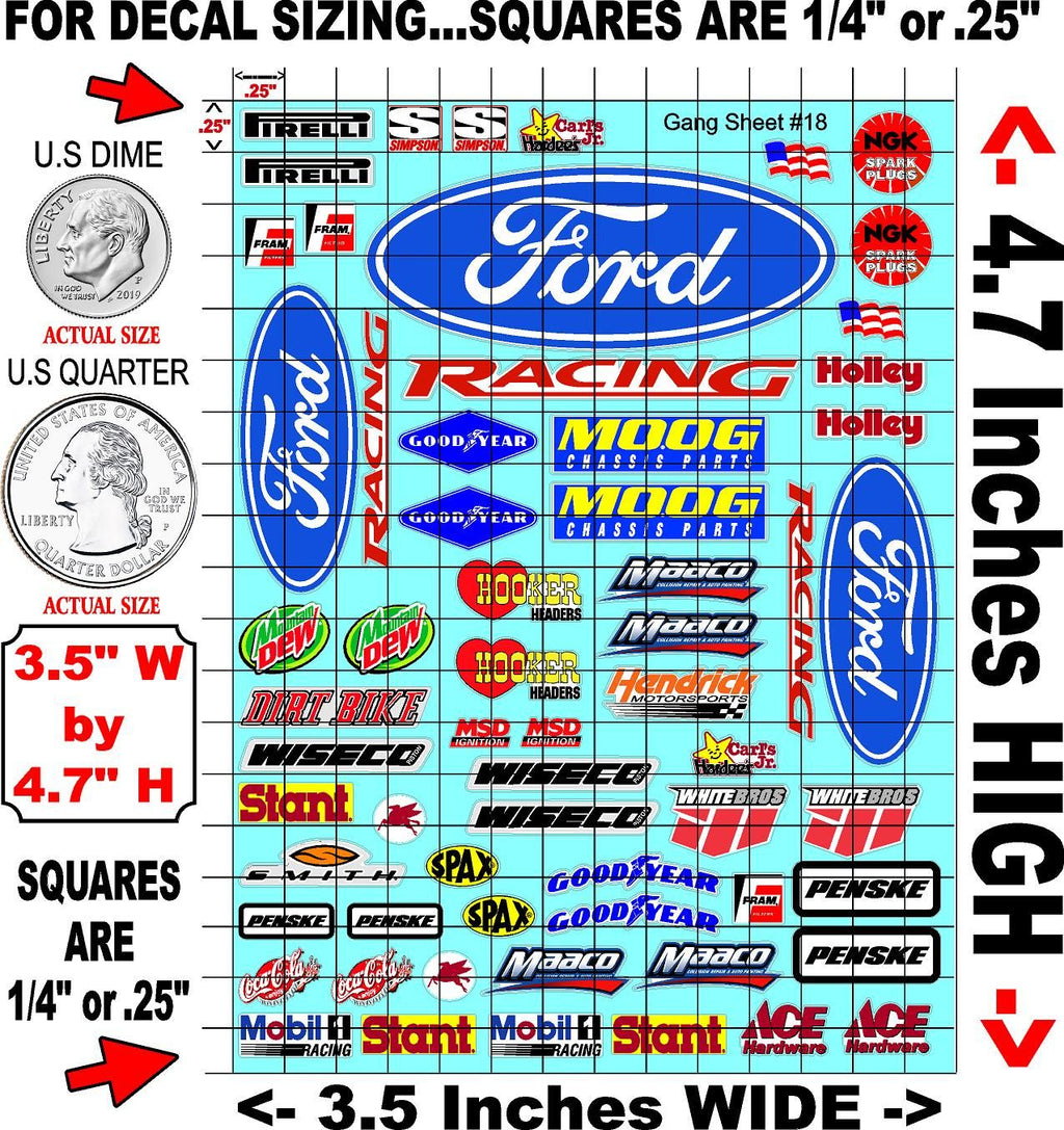 White Vinyl Gloss Ford Sheet 18 Stockcar Vinyl R/C Racing Sponsor Sticker Small-1/24-1/16th Scale Model Decal Sticker Radio Control Lexan Body-Graphics for R/c Cars, Boats, Trucks Scale Model–Die-Cut