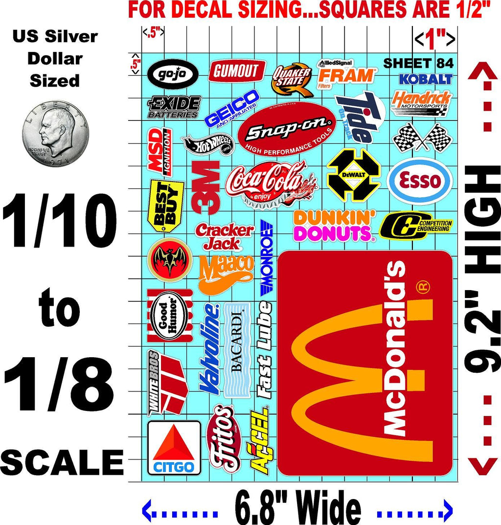 Clear Matte Finish Vinyl Sticker Variety Sheet 84-1/10th - 1/8th Scale Large 6.8" x 9.2"h Vinyl R/C Model Decal Sticker Sheet Radio Control Lexan Body