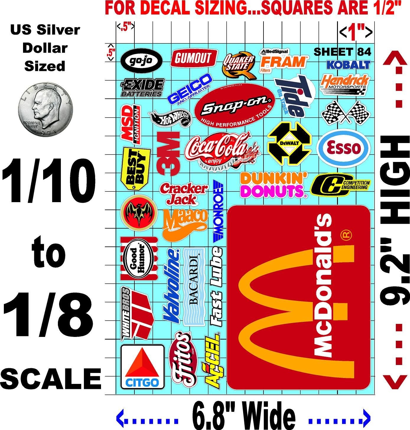 Clear Matte Finish Vinyl Sticker Variety Sheet 84-1/10th - 1/8th Scale Large 6.8" x 9.2"h Vinyl R/C Model Decal Sticker Sheet Radio Control Lexan Body