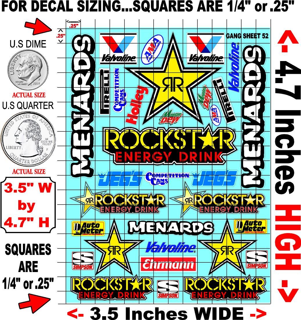 Clear Matte Finish Vinyl Rockstar Energy Sheet 52 R/C Stockcar Vinyl R/C Racing Sponsor Sticker Small-1/24-1/16th Scale Model Decal Sticker Radio Control Lexan Body-Graphics for R/c Cars, Boats, Trucks Scale Model–Die-Cut
