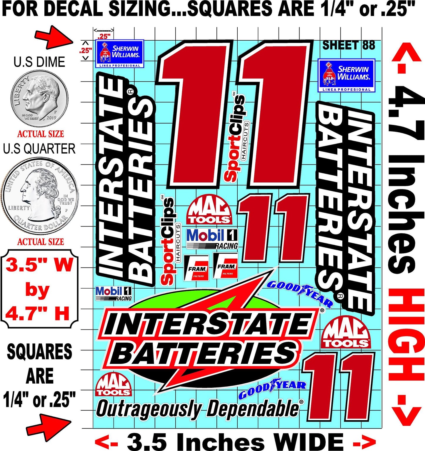 Clear Matte Finish Vinyl Sheet 88 R/C Stockcar Vinyl R/C Racing Sponsor Sticker Small-1/24-1/16th Scale Model Decal Sticker Radio Control Lexan Body-Graphics for R/c Cars, Boats, Trucks Scale Model–Die-Cut