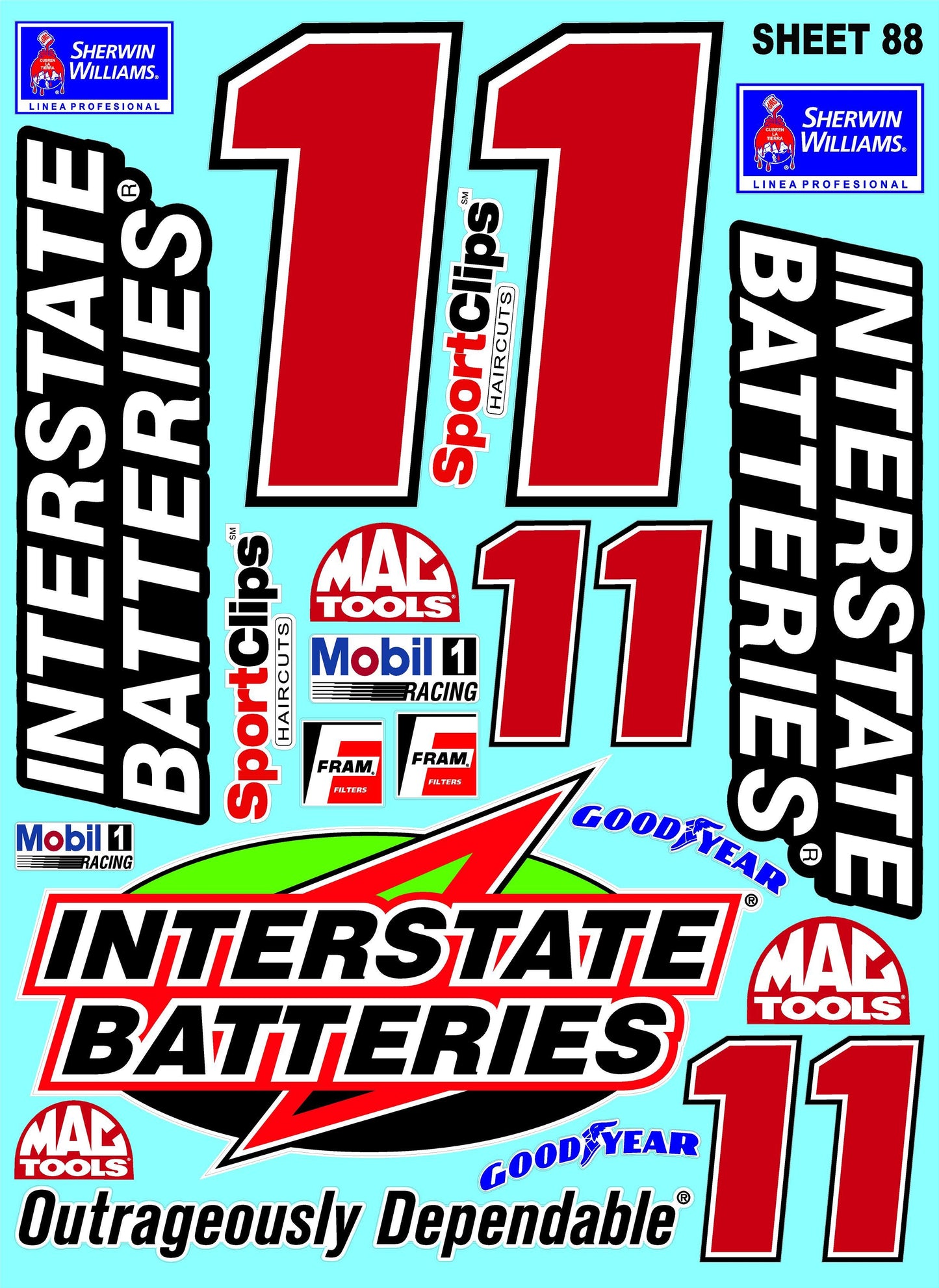 Clear Matte Finish Vinyl Sticker Variety Sheet 88-1/10th - 1/8th Scale Large 6.8" x 9.2"h Vinyl R/C Model Decal Sticker Sheet Radio Control Lexan Body