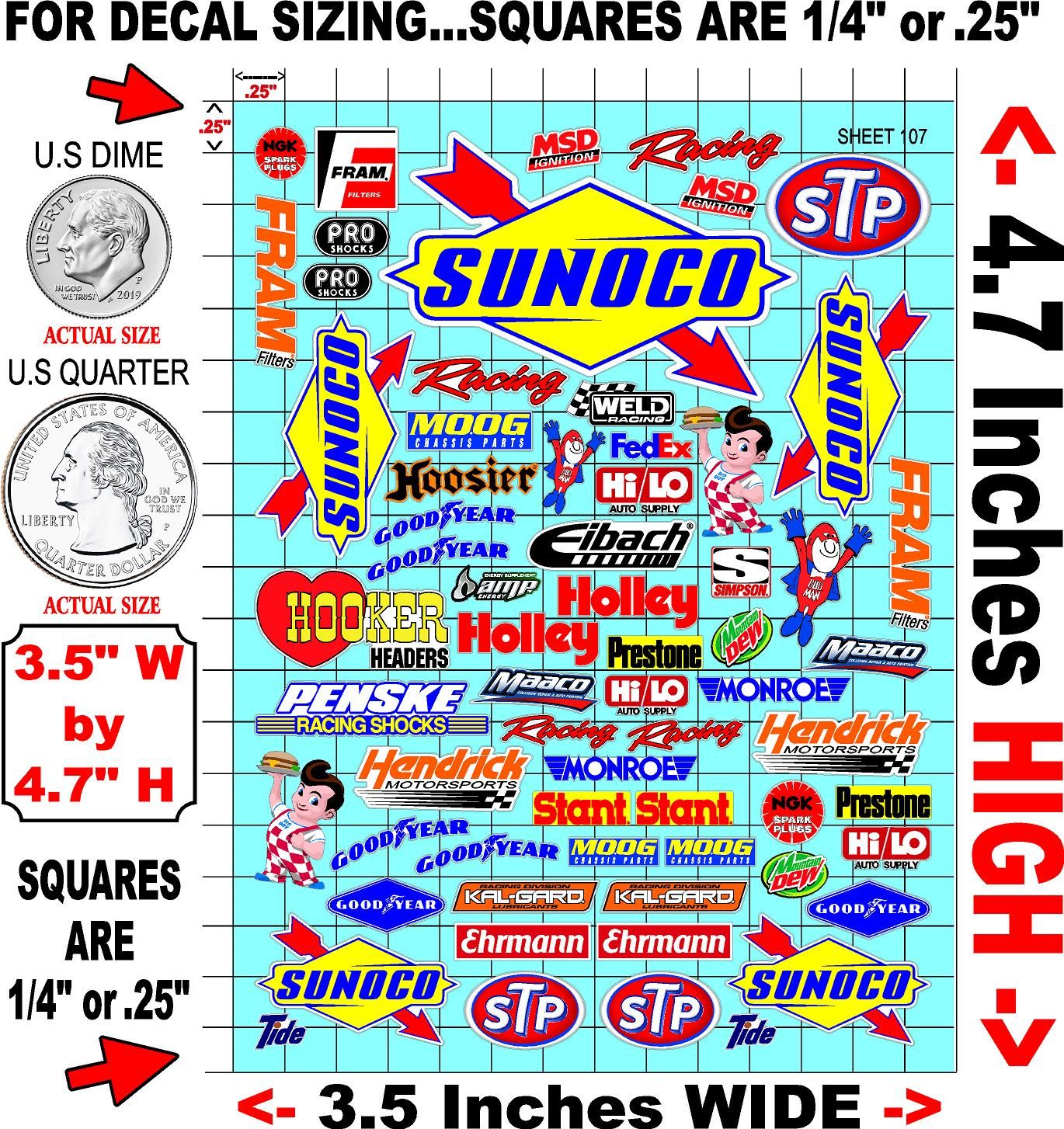 Clear Matte Finish Vinyl Sheet 107 Sunoco R/C Stockcar Vinyl R/C Racing Sponsor Sticker Small-1/24-1/16th Scale Model Decal Sticker Radio Control Lexan Body-Graphics for R/c Cars, Boats, Trucks Scale Model–Die-Cut