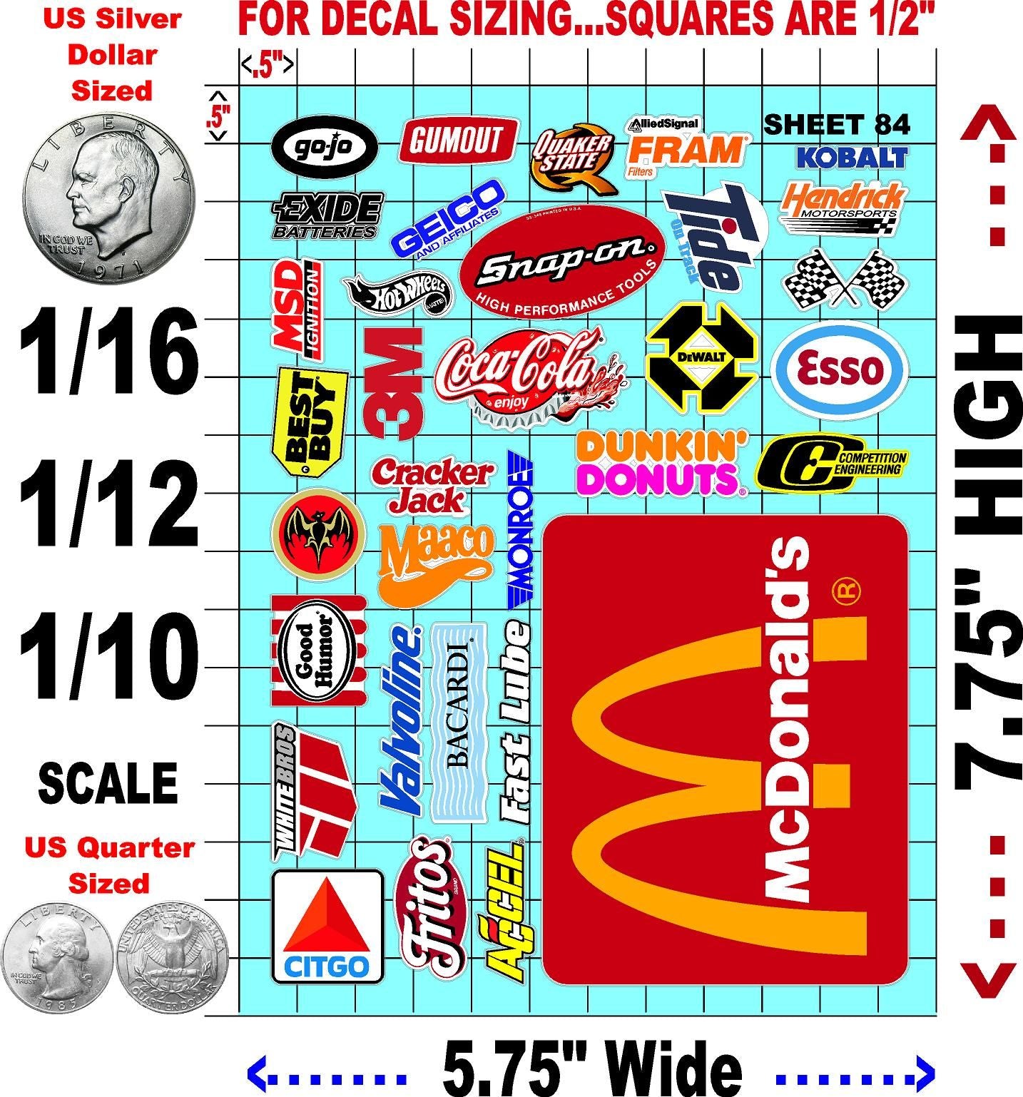 Racing Sponsor Sticker Gang Sheet 84-1/16-1/12-1/10th Scale White Vinyl R/C Model Decal Sticker Sheet Radio Control Lexan Body - Decorate Your R/c Cars, Boats, Trucks Other Scale Model Kit