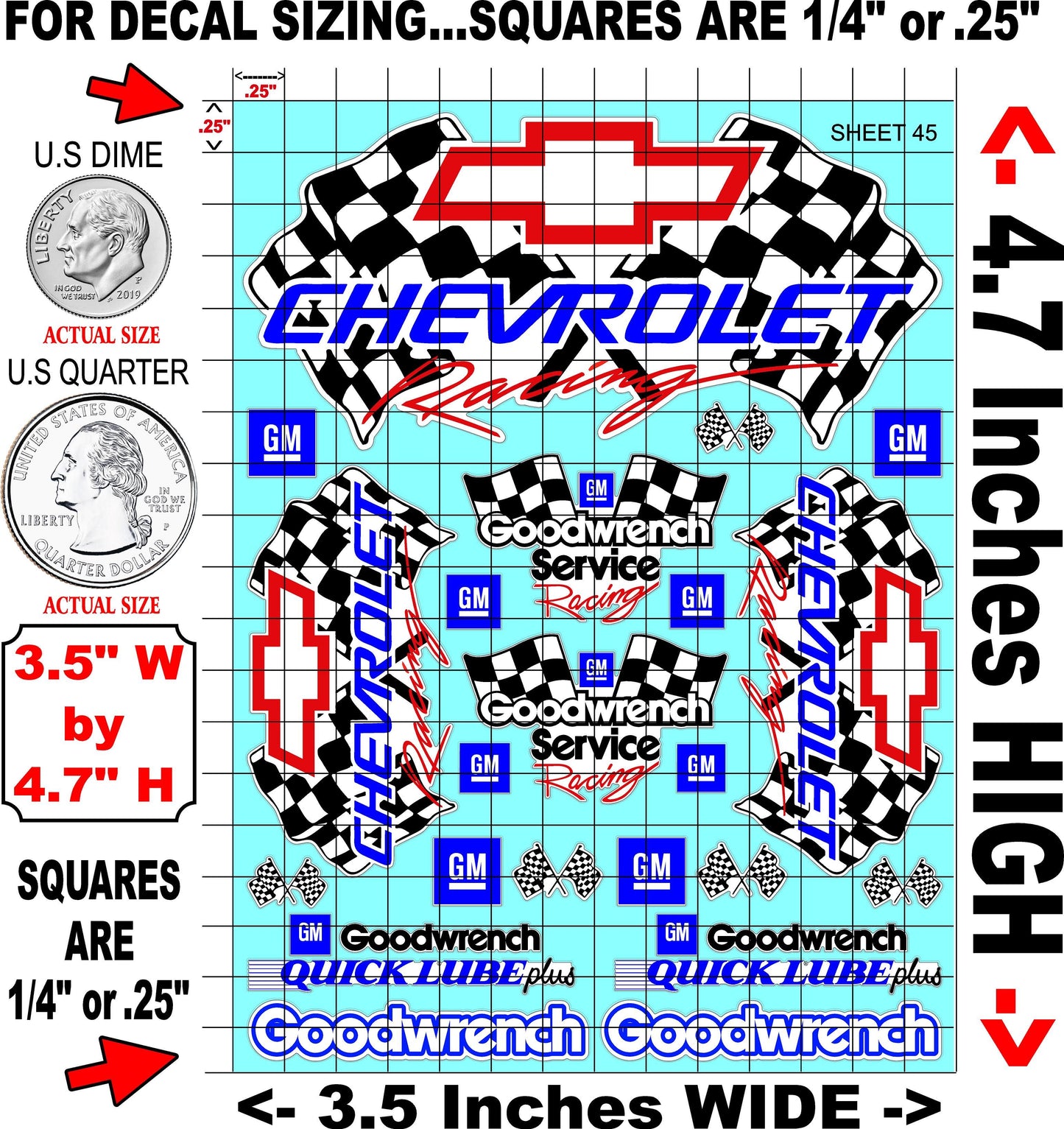 Clear Matte Finish Vinyl Chevy Sheet 45 R/C Stockcar Vinyl R/C Racing Sponsor Sticker Small-1/24-1/16th Scale Model Decal Sticker Radio Control Lexan Body-Graphics for R/c Cars, Boats, Trucks Scale Model–Die-Cut
